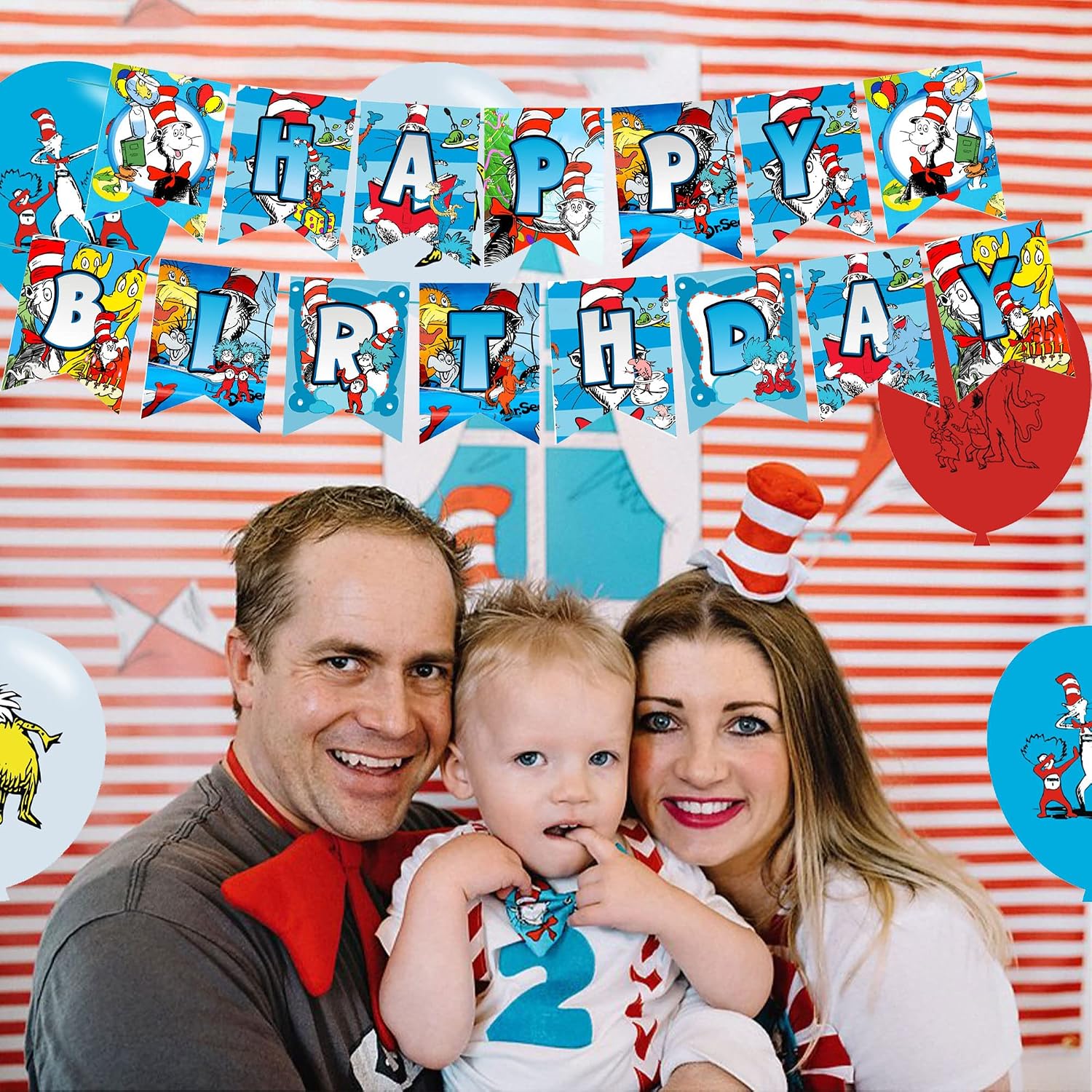 Seuss Cat Birthday Party Cat Decorations, Thing 1 And Thing 2 Party Supplies Set with Happy Birthday Banner, Cake topper, Cupcake Toppers, Balloons for Cat In The Hat Party Decorations