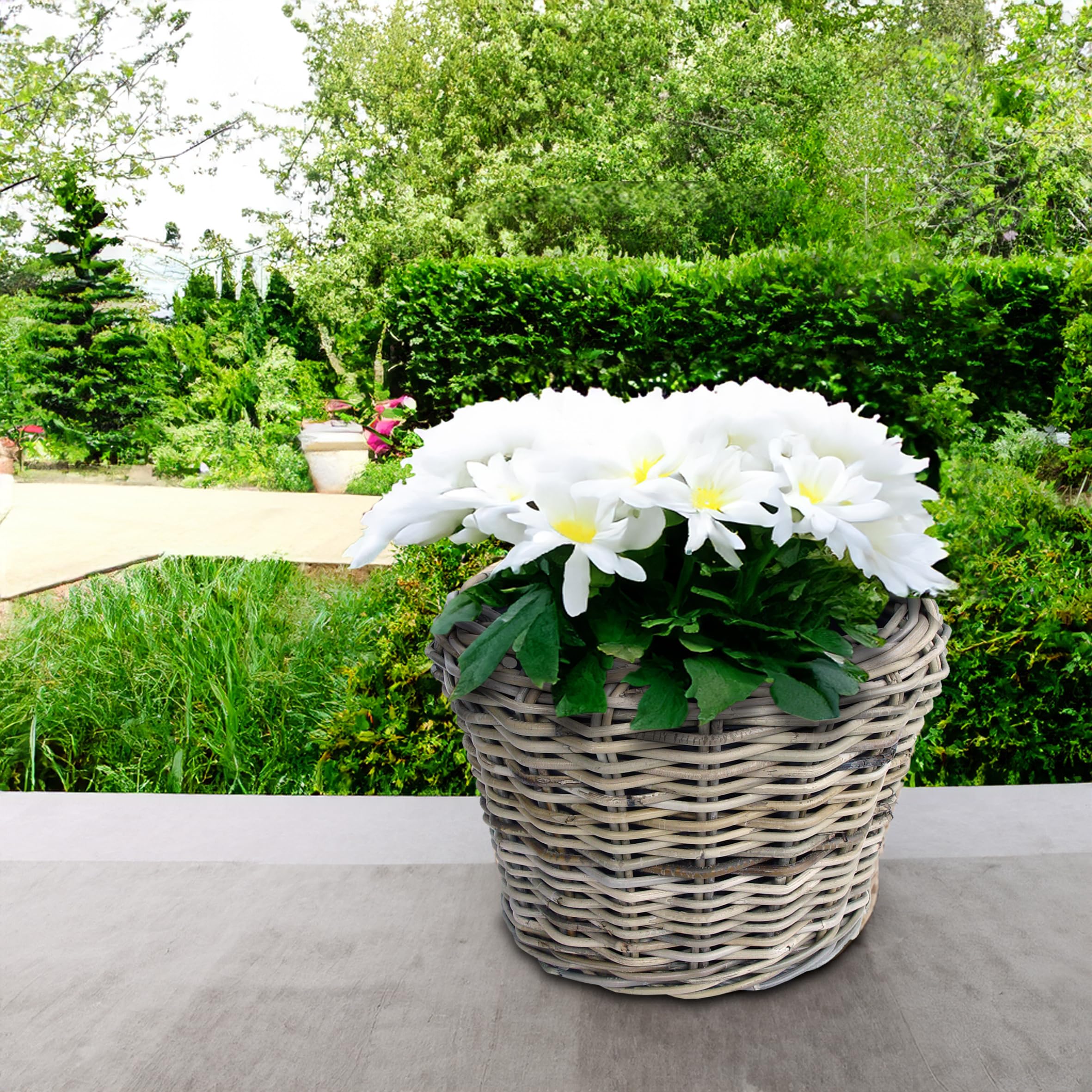 Weißer Rattan-Doppelzaun-Übertopf – 12 Liter, Mit Wasserreserve & Aufhängung Für Garten, Terrasse, Balkon