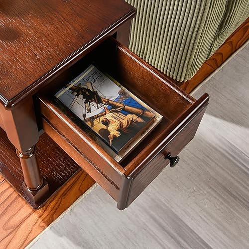 Miniatura 6 de Mesa auxiliar estrecha abierta con cajón, mesa auxiliar de madera maciza de 2 niveles con estantes de almacenamiento, mesita de noche delgada, mesa