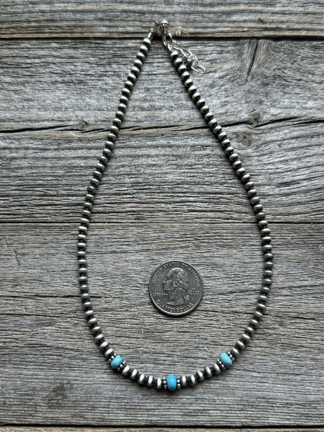 Sterling Silver 4mm Pearls with Turquoise Bead Necklace Choker. 14 inch southwestern jewelry "Navajo Style"
