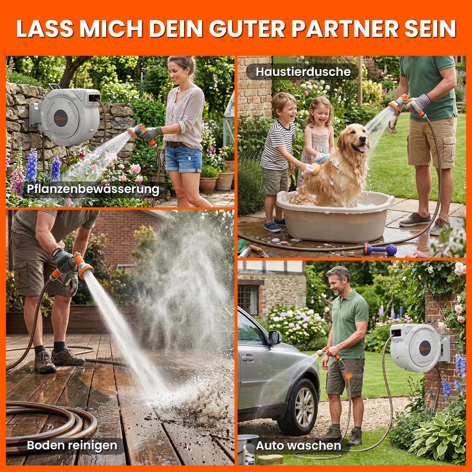 Schlauchtrommel Wasser 45m + 2m, 180° Schwenkbar Wand-Schlauchbox, Automatischer Gartenschlauch trommel mit 10-Funktionen Gartenbrause für Gießen Autowaschen