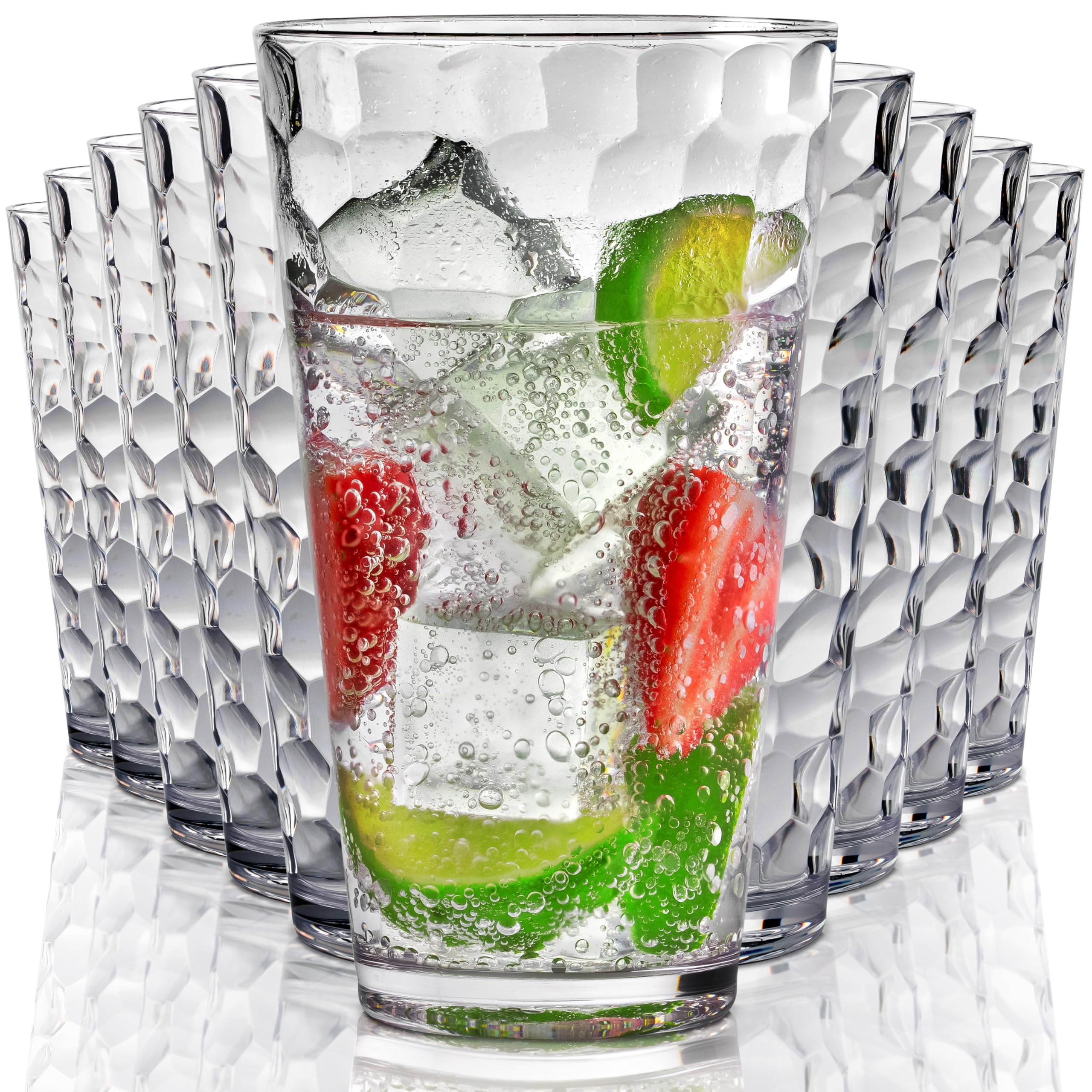 Bravario Hammered Plastic Drinking High Tumbler, Dishwasher-Safe Premium Quality Glasses, BPA-Free Reusable Outdoor Cups, 22 oz Set of 10