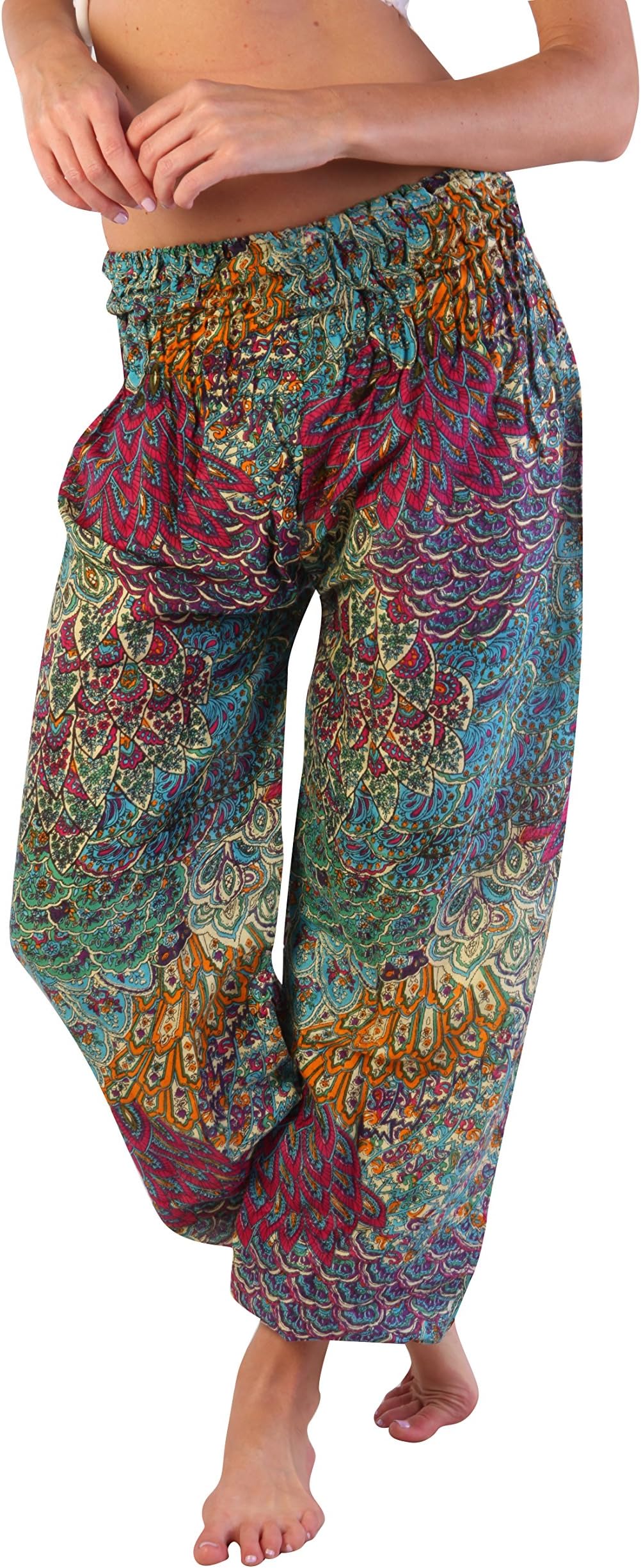 INGEAR Bohemian Hippie Harem Loose Yoga Aladdin Pants Peacock Print Jumpsuit