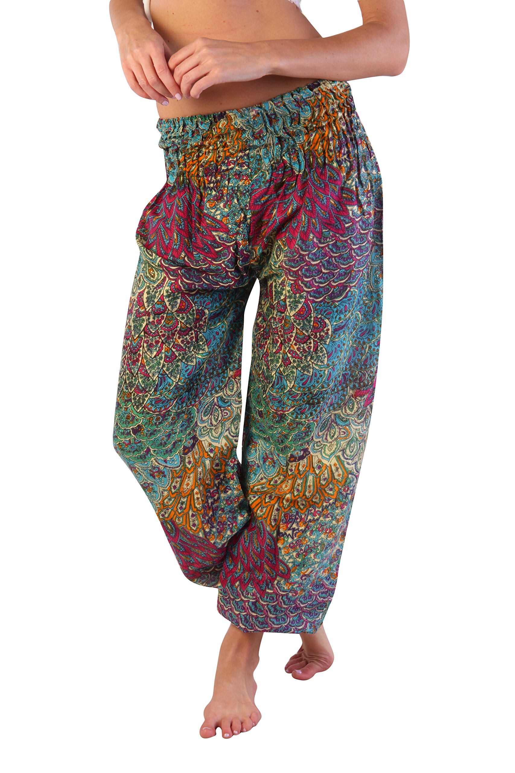 INGEAR Bohemian Hippie Harem Loose Yoga Aladdin Pants Peacock Print Jumpsuit