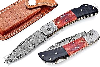 Custom Handmade Damascus Steel Pocket Folding Knife / Pocket Knife FBK-18806 Back Lock, Bushcraft Knife / Survival Knife / Camping & Hiking / Tactical Combat / Compact / Gift (Red Bone and Black Horn)