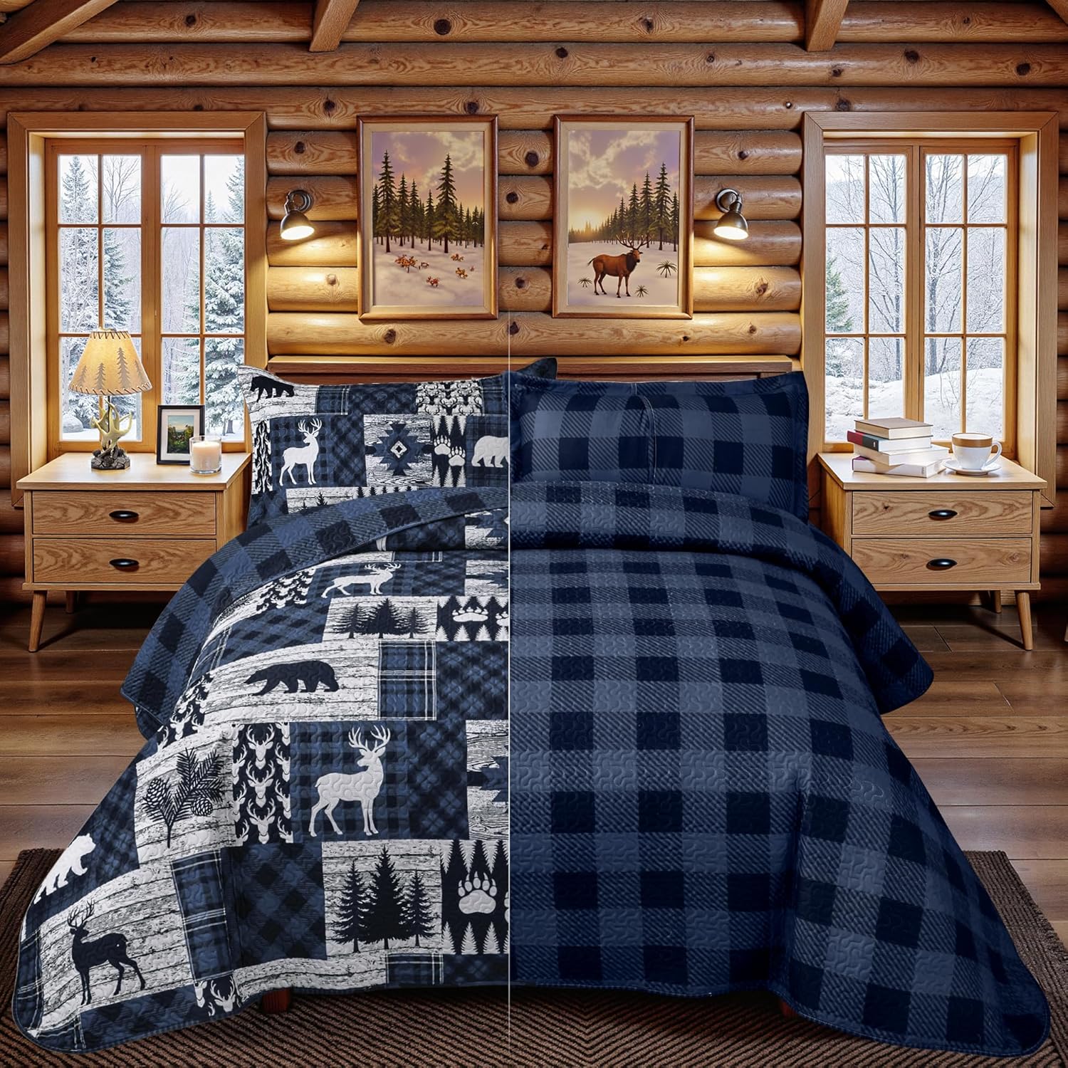 3 Piece Cabin Full/Queen Quilt Sets Farmhouse Rustic Reversible Microfiber Soft Lightweight Bedspread Comforter with 2 Shams Patchwork Country Lodge Bedding Quilts Set for All Season, 90''x96'', Blue