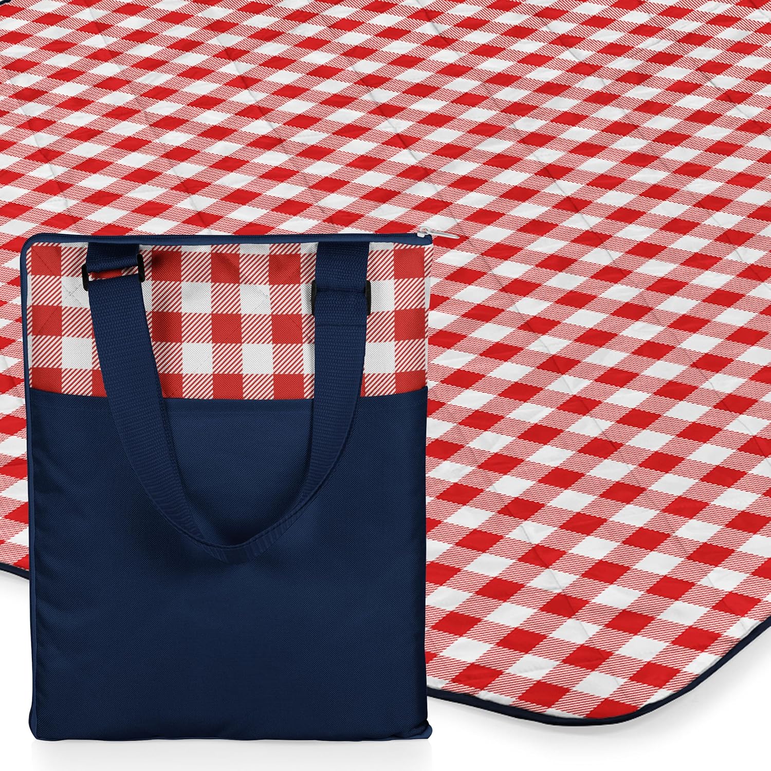 ONIVA - a Picnic Time brand - Vista Outdoor Picnic Blanket & Tote - Beach Blanket - Camping Blanket, (Navy with Red Check)