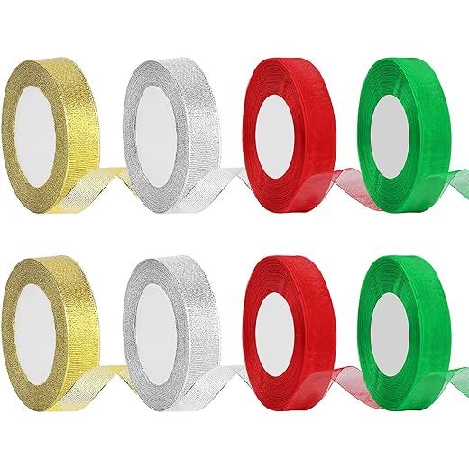 DECYOOL 8 Rolls 300 Yards Christmas Ribbons Metallic Glitter Fabric Organza Holiday Festival Ribbons 4/5" Wide for Gift Wrapping Decoration