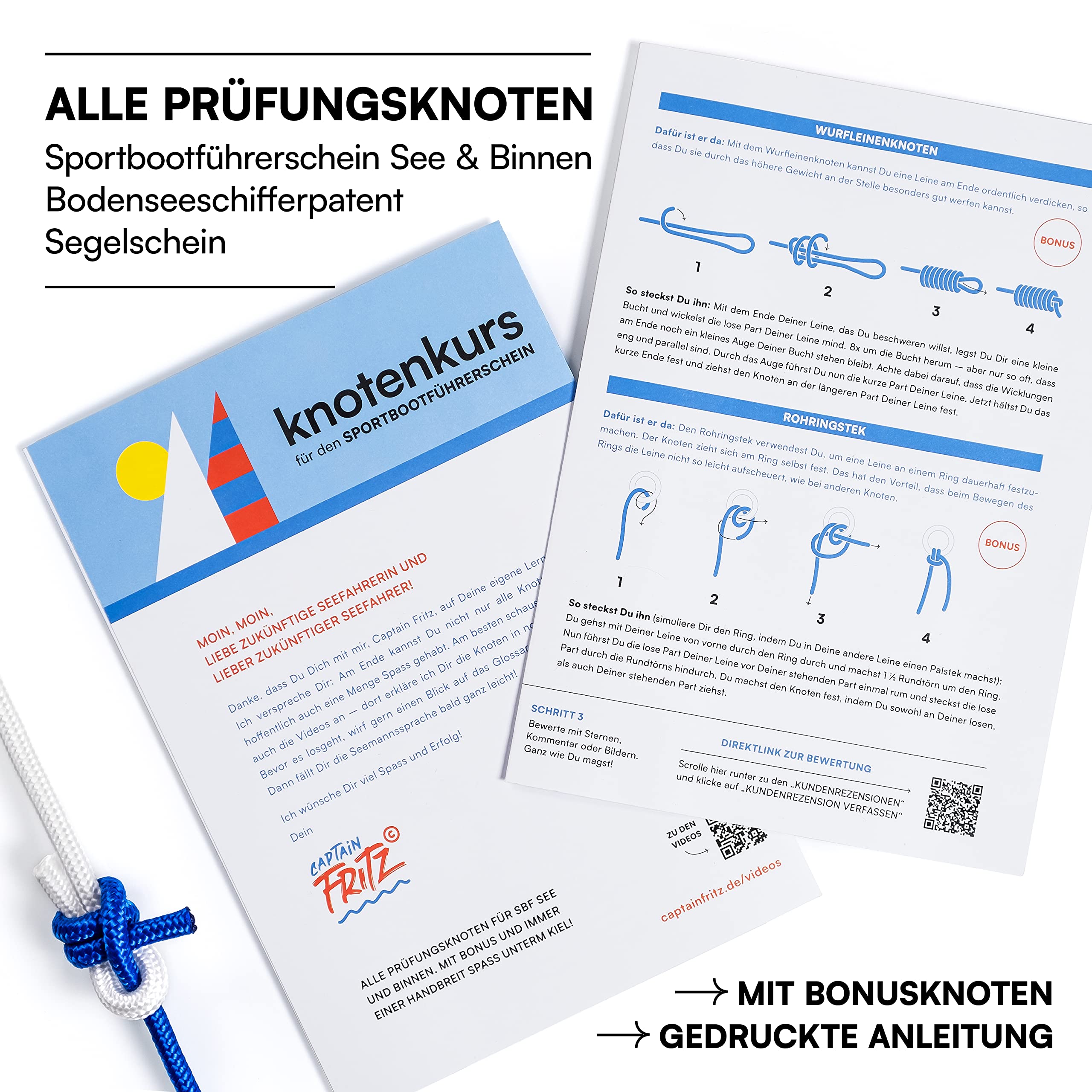 Knoten Übungsset mit Lernvideos für SBF See, SBF Binnen, Segelschein und Bodenseeschifferpatent, einfaches Knoten Üben & Lernen, maritimes Geschenk
