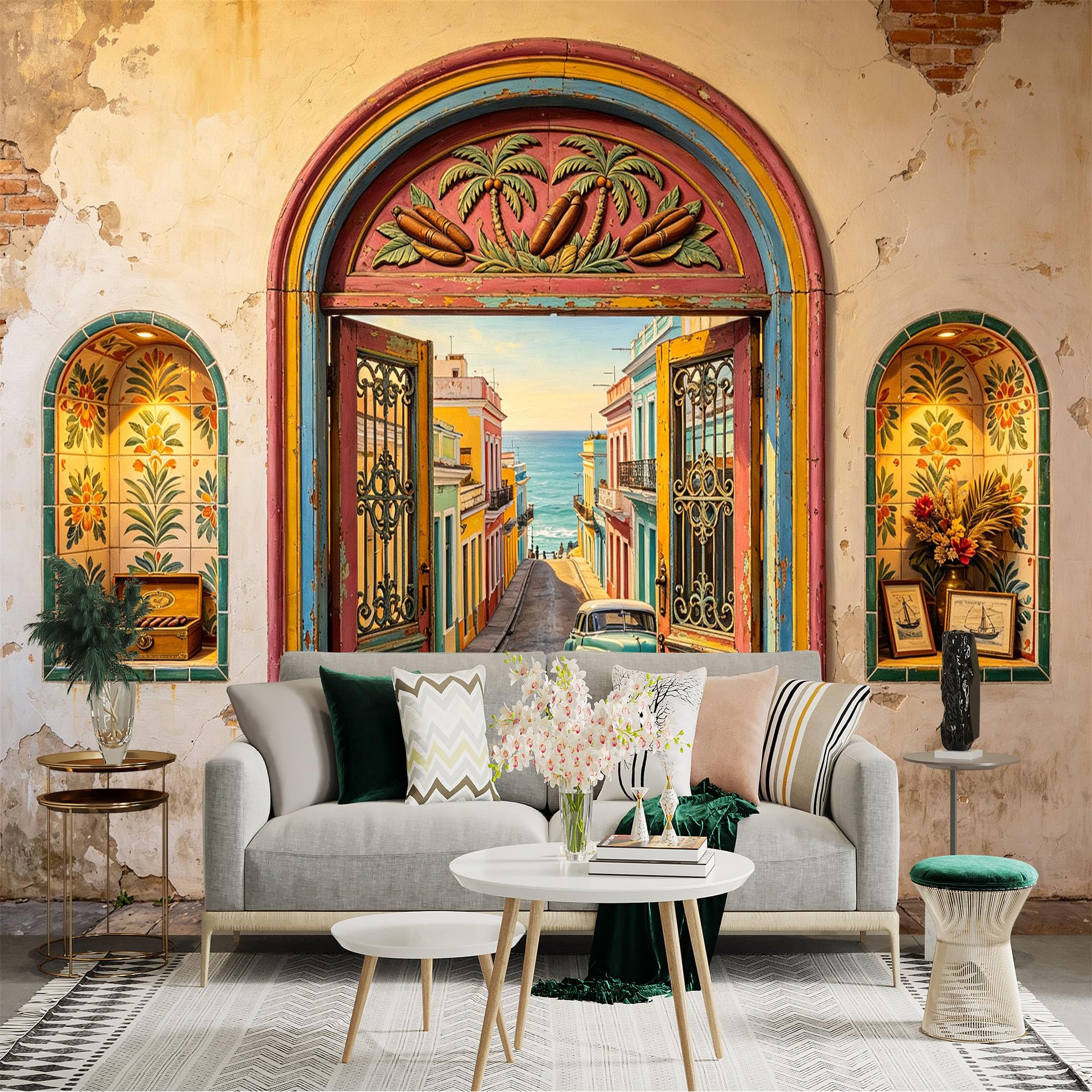 Custom Size Wall Sticker Mural， Coastal Archway and Colorful Seaside Street， for wall Decoration， peelandstick wall Decals.