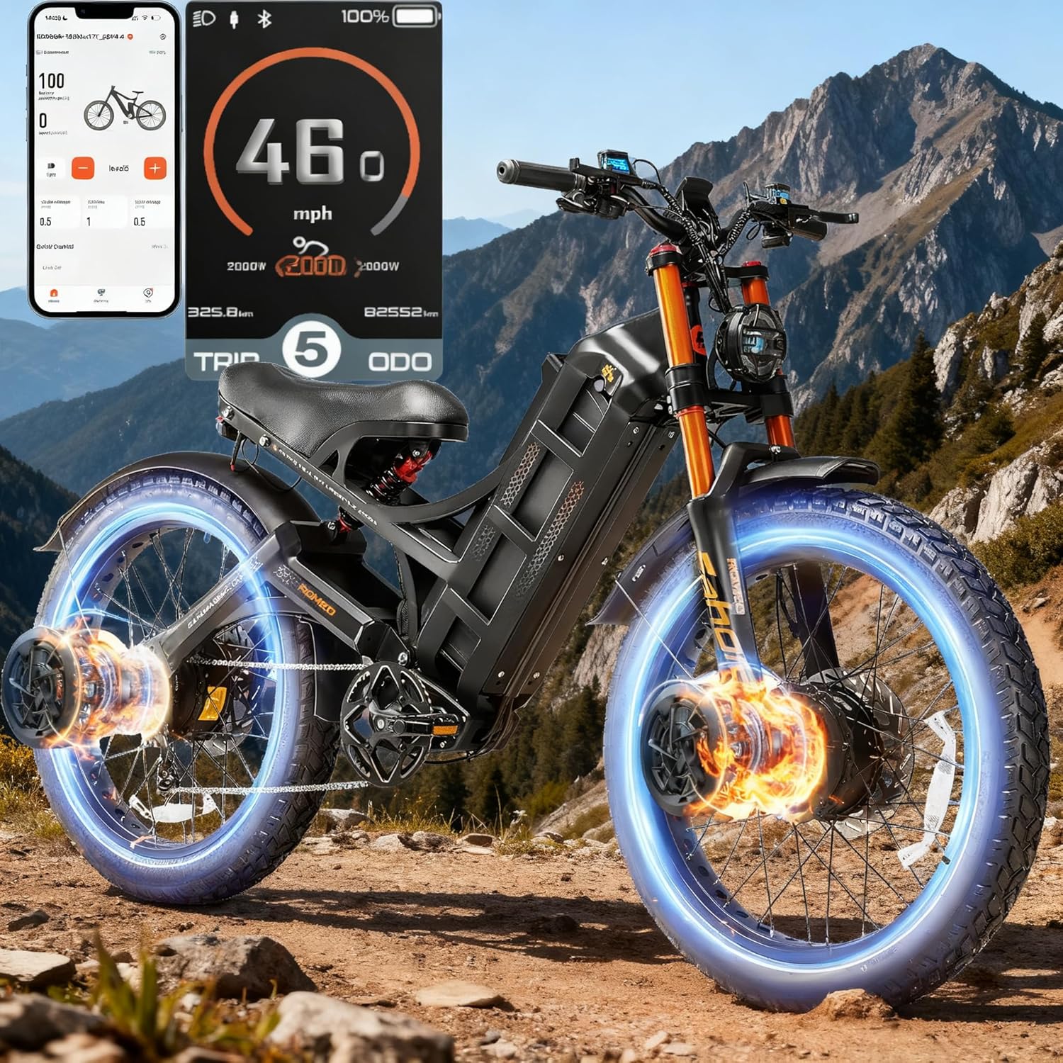 Eahora Romeo Pro 2/3 1600W/4000W/5600W Ebike 48/70/80AH 200 Miles Long Range 34/46/50MPH Electric Bike for Adults Dual Motor 26 '' Electric Bicycle Dual Hydraulic Brakes Full Suspension EBike