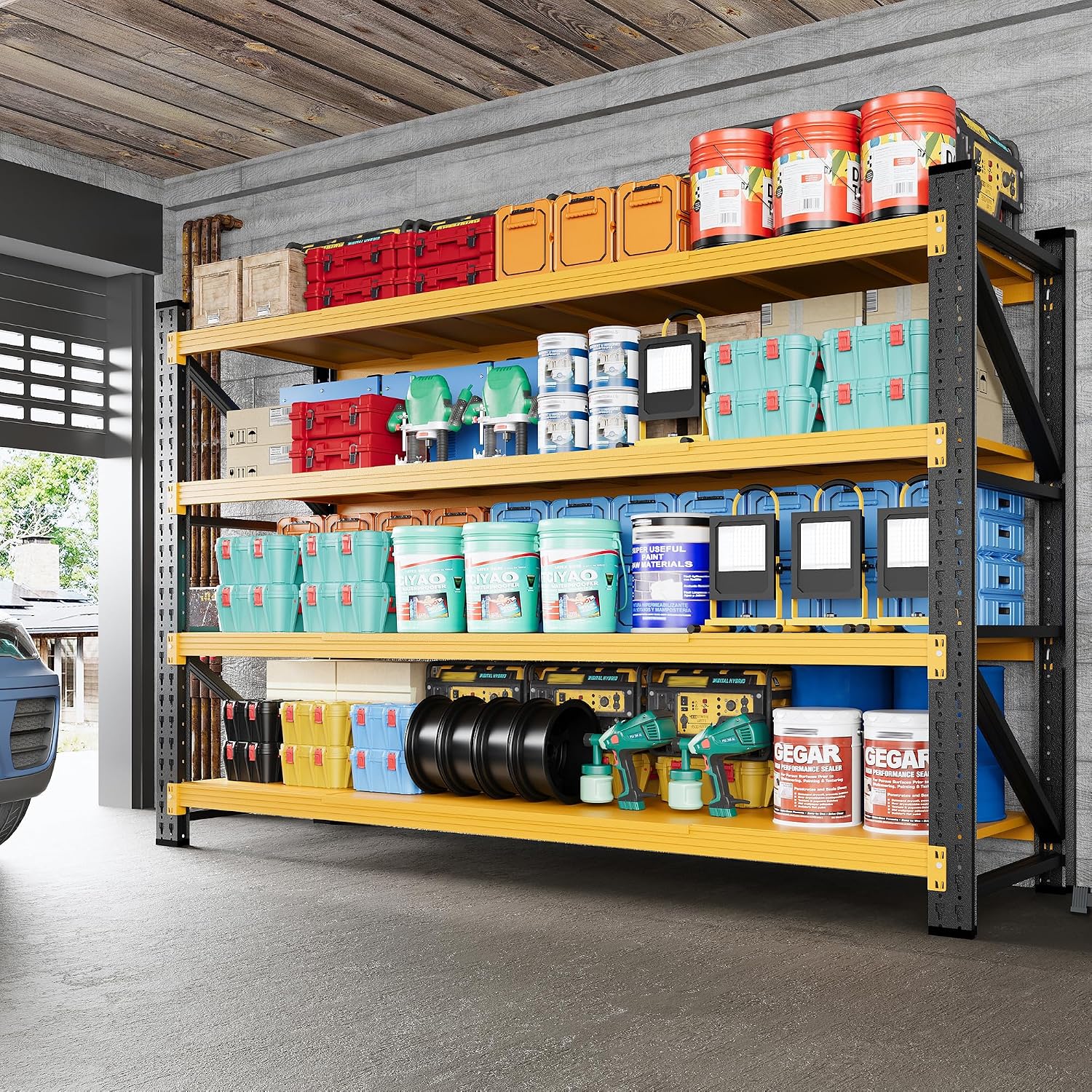 Storage Shelves, Garage Shelving Heavy Duty, Standing Shelf Units, 4 Tier Metal Adjustable Storage Shelving Rack for Shop Warehouse Basement (Black Yellow, 70" H x 24" D x 71'' W)
