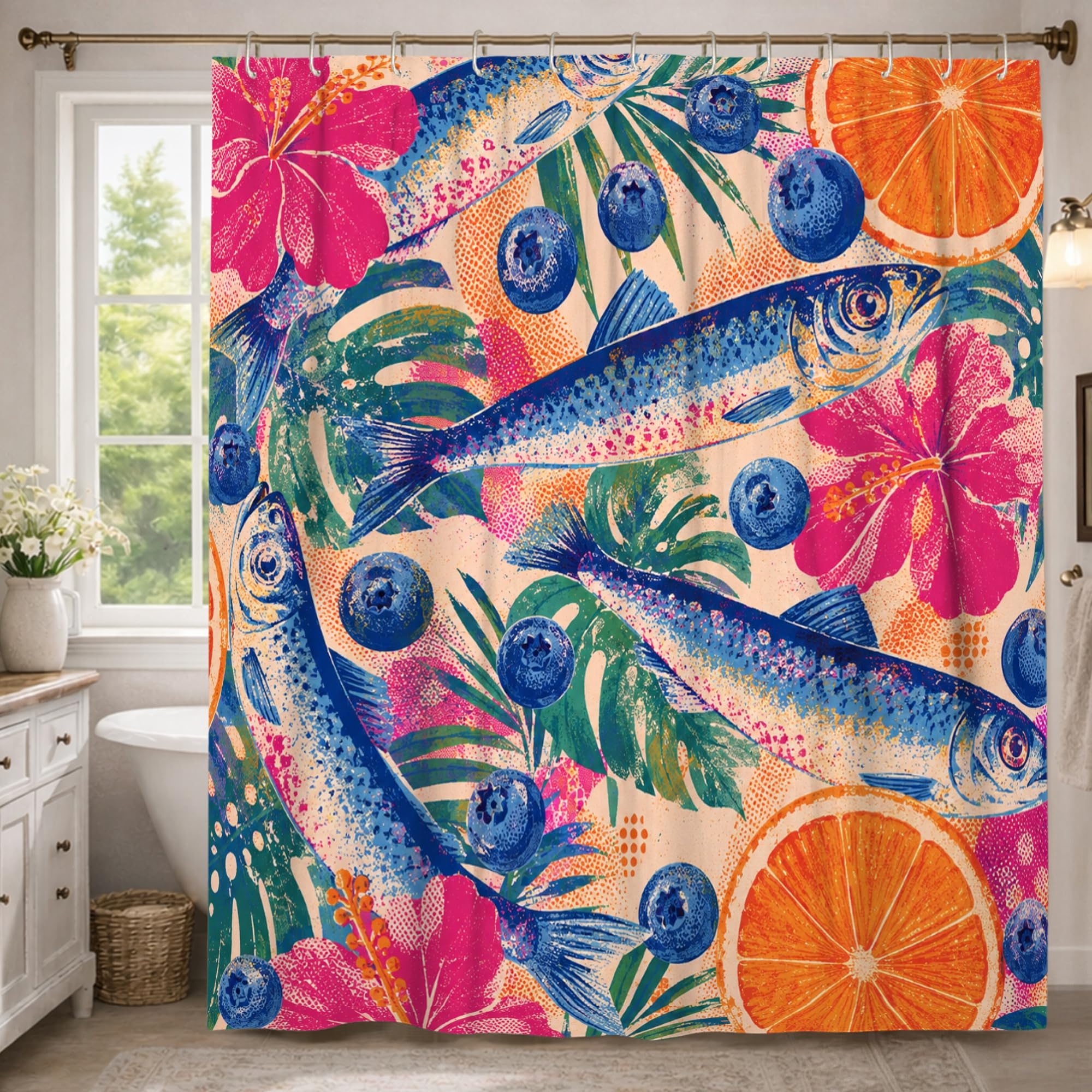 Rideau de douche extra long pour salle de bain décoration tropicale