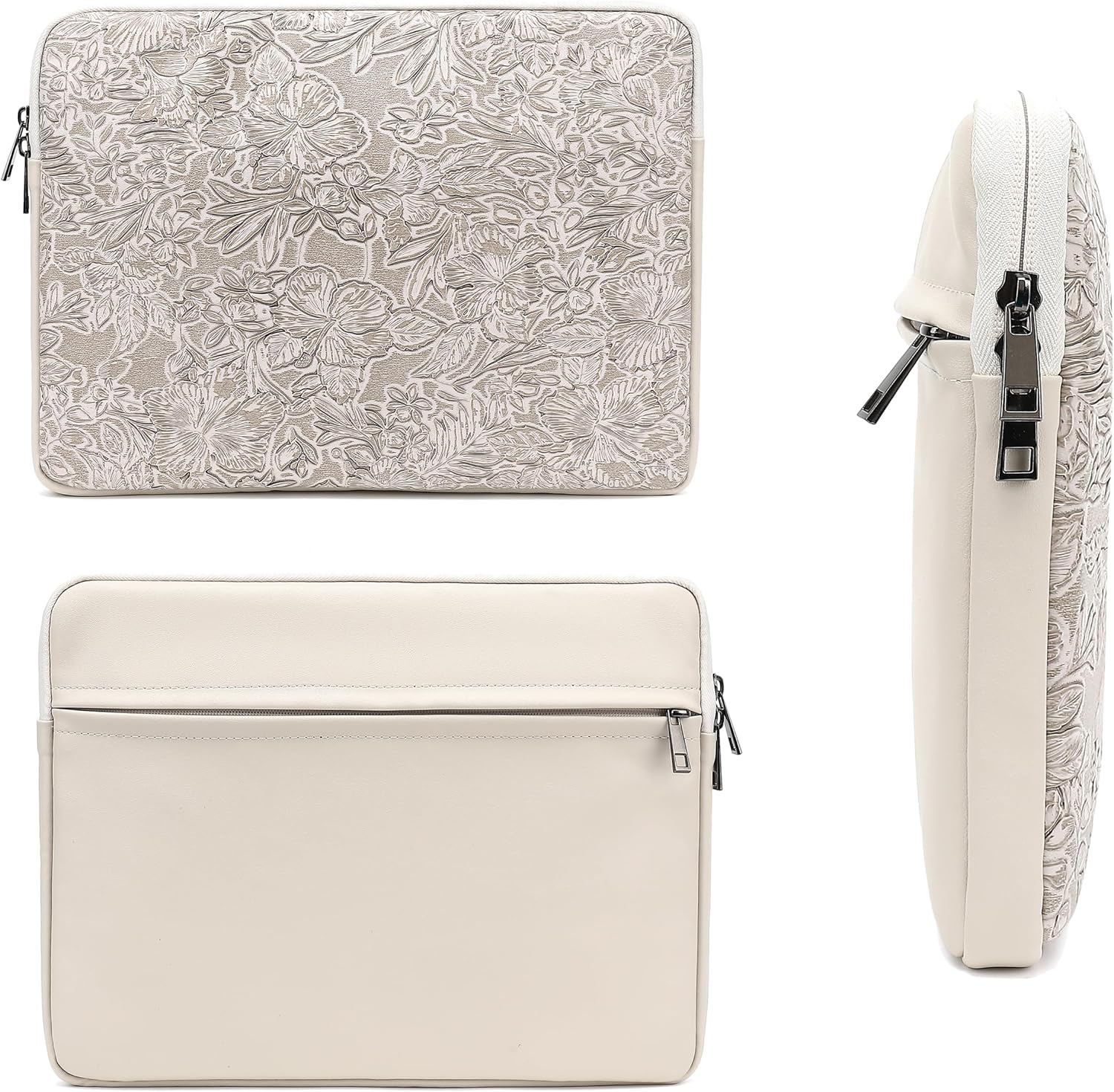 Canvaslove Embossing Floral Pattern PU Leather Laptop Sleeve Case with Pocket for MacBook Pro 14 inch and 14 inch-14.4 inch HP, Lenovo, Dell, ASUS, Acer Notebook Computer (Ivory White)