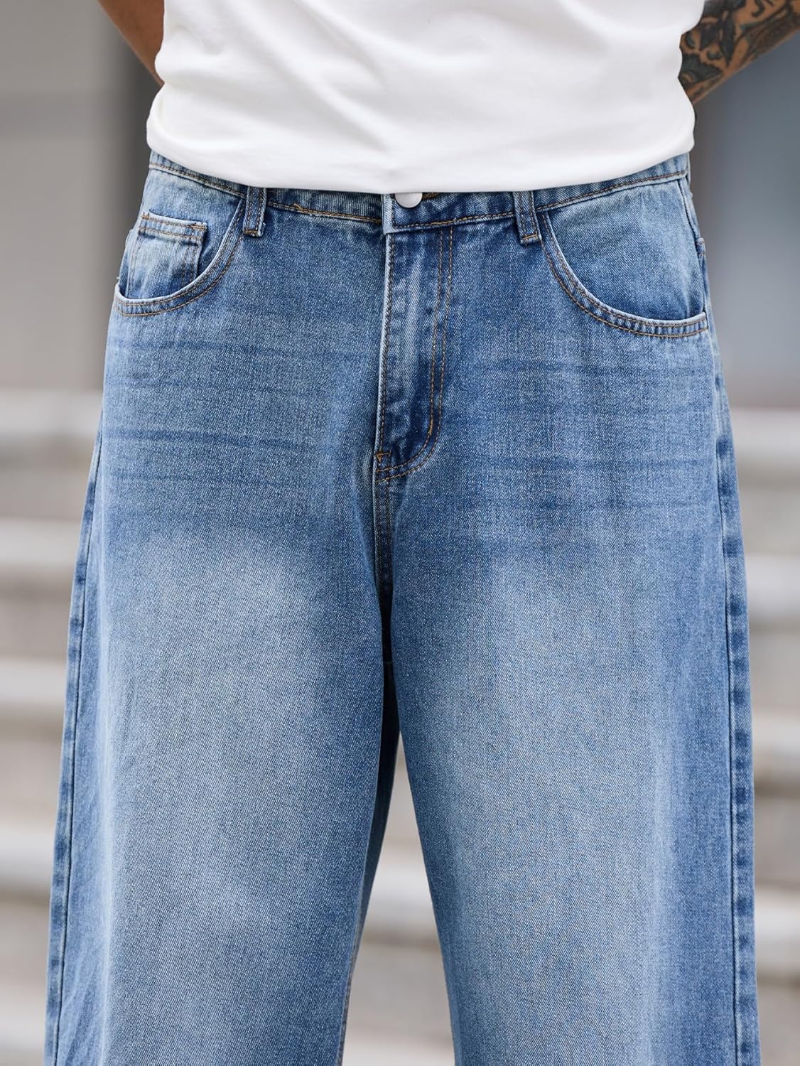 Mens Baggy Jeans Distressed Wide Leg Denim Pants Casual Loose Fit Trousers Streetwear - Image 5