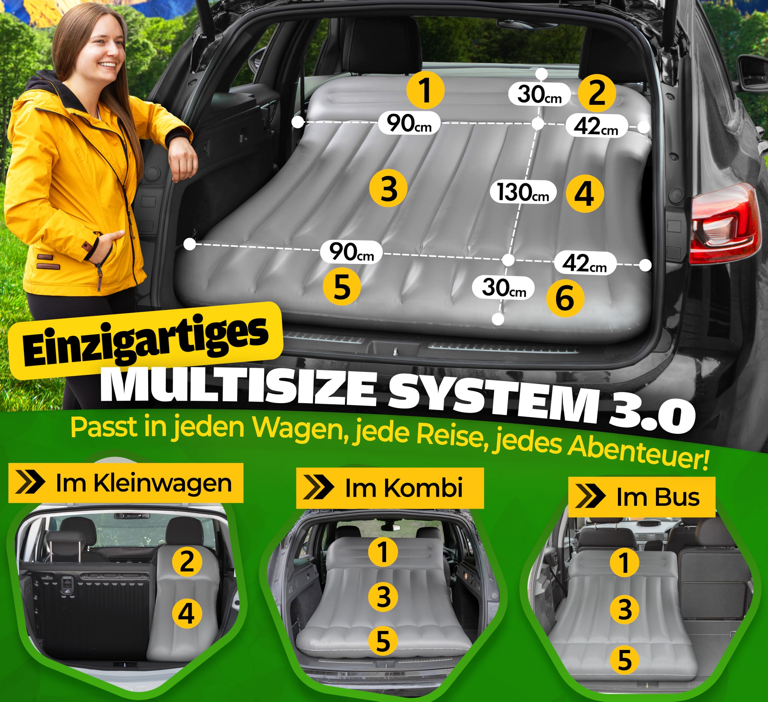 Auto-Matratze - modulares 6-Kammer Design [inkl. Stoffbezug] elektrisch aufblasbar | Luftmatratze für Kofferraum, Rückbank & Outdoor | Camping-Bett Autobett