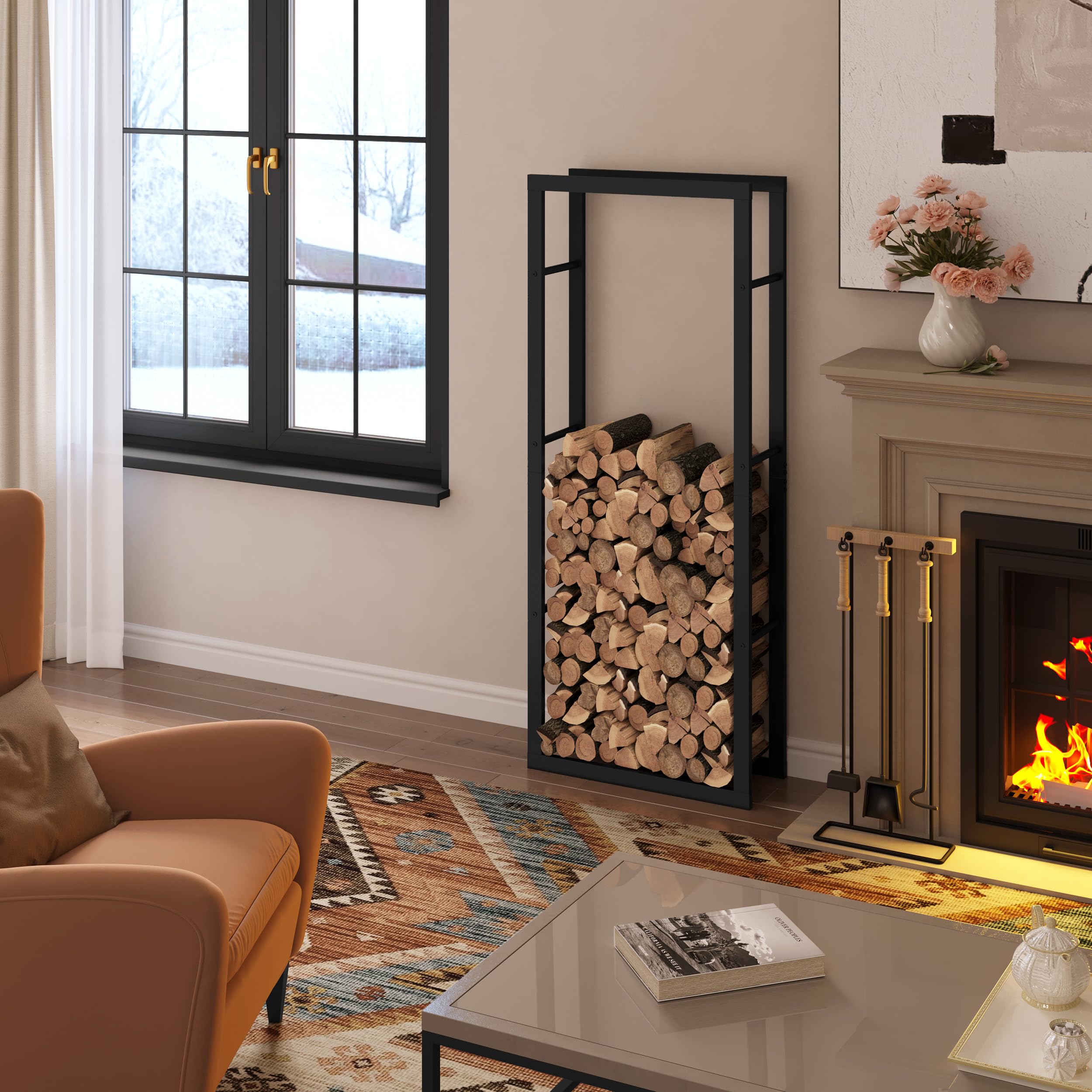 Étagère à Bois De Cheminée Métallique - 150 X 25 X 60 Cm, Capacité 150 Kg - Pour Intérieur Ou Extérieur, Montage Simple Sans Outil - Noir