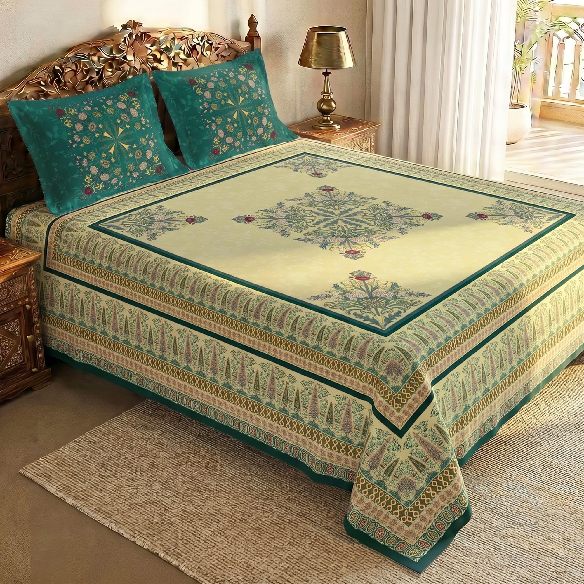 Story@Home Rajasthani Theme Jaipuri Handblock Inspired Ethnic Print Double Bedsheet 250x225 cm with Pillow Covers | Cotton Feel 240 TC Soft Fabric | Yellow Green Design-image-3