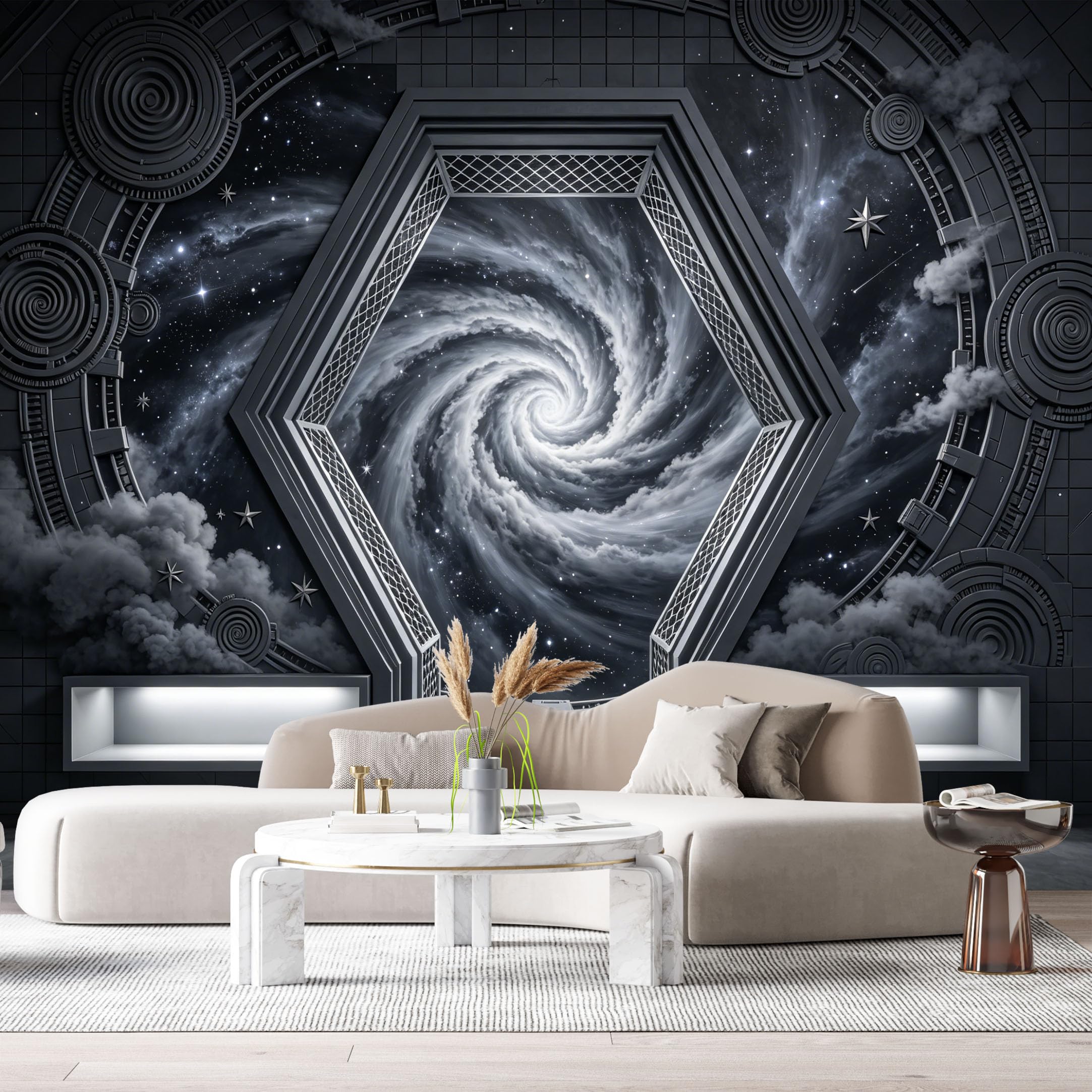 Custom Size Wall Murals SciFi Futuristic Hexagonal Portal Galaxy Vortex 3D Trompe L'Oeil SelfAdhesiveWall Fabric Removable Wallpaper Wall Decor for Living Room Bedroom Bathroom