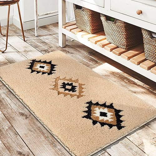 DEXDE Alfombras de Baño Bohemias Marroquíes Alfombra de Baño 20x32 Pulgadas - Tapete de Baño Geométrico Antideslizante, Beige Crema Lavable a