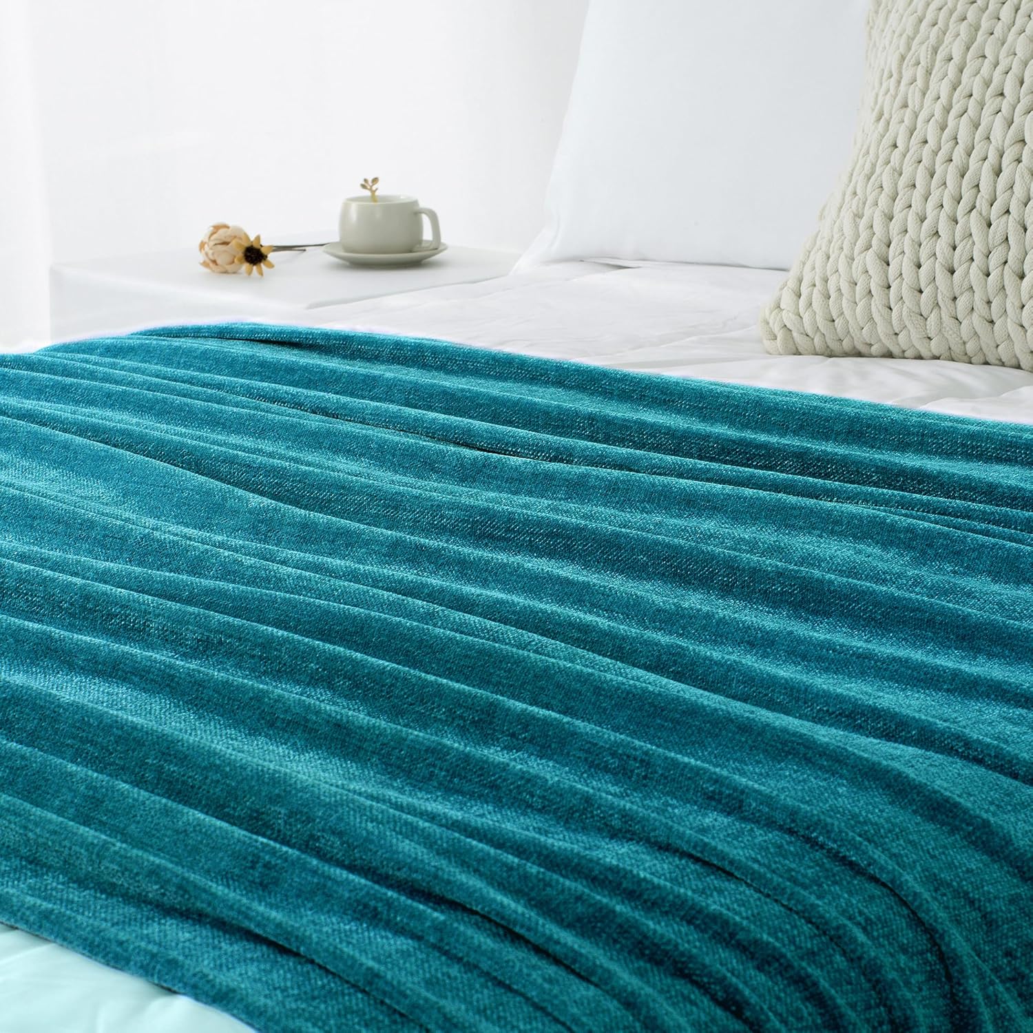 Chenille Throw Blanket for Couch 50"X 60", Soft Cozy Throws with Fringe Tassel for Bed Sofa Chair Cover, Lightweight Knitted Decorative Boho Blankets for Living Room, Teal - Image 9