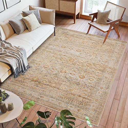 5x7 Area Rugs for Living Room Bedroom: Soft Vintage Boho Rug Washable with Non-Slip Backing Stain Resistant Large Vintage Carpet for Dining Room Nursery Home Office-Beige