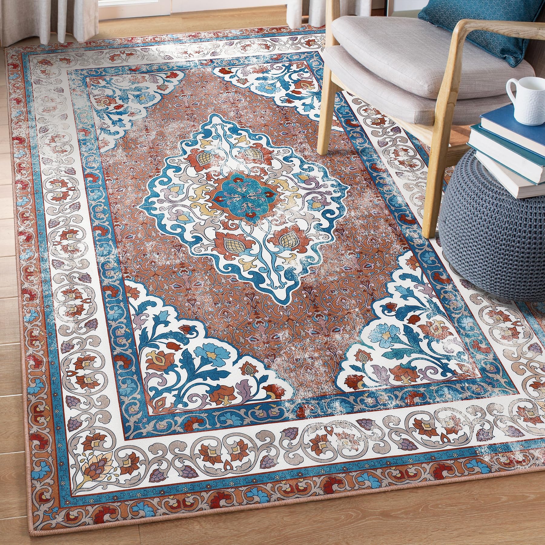 Chicrug 4x6 Area Rugs for Living Room, Red Memory Foam Rugs for Bedroom,Vintage Distressed Floral Medallion Print Indoor Floor Carpet Rug for Bedside Dining Room Decor