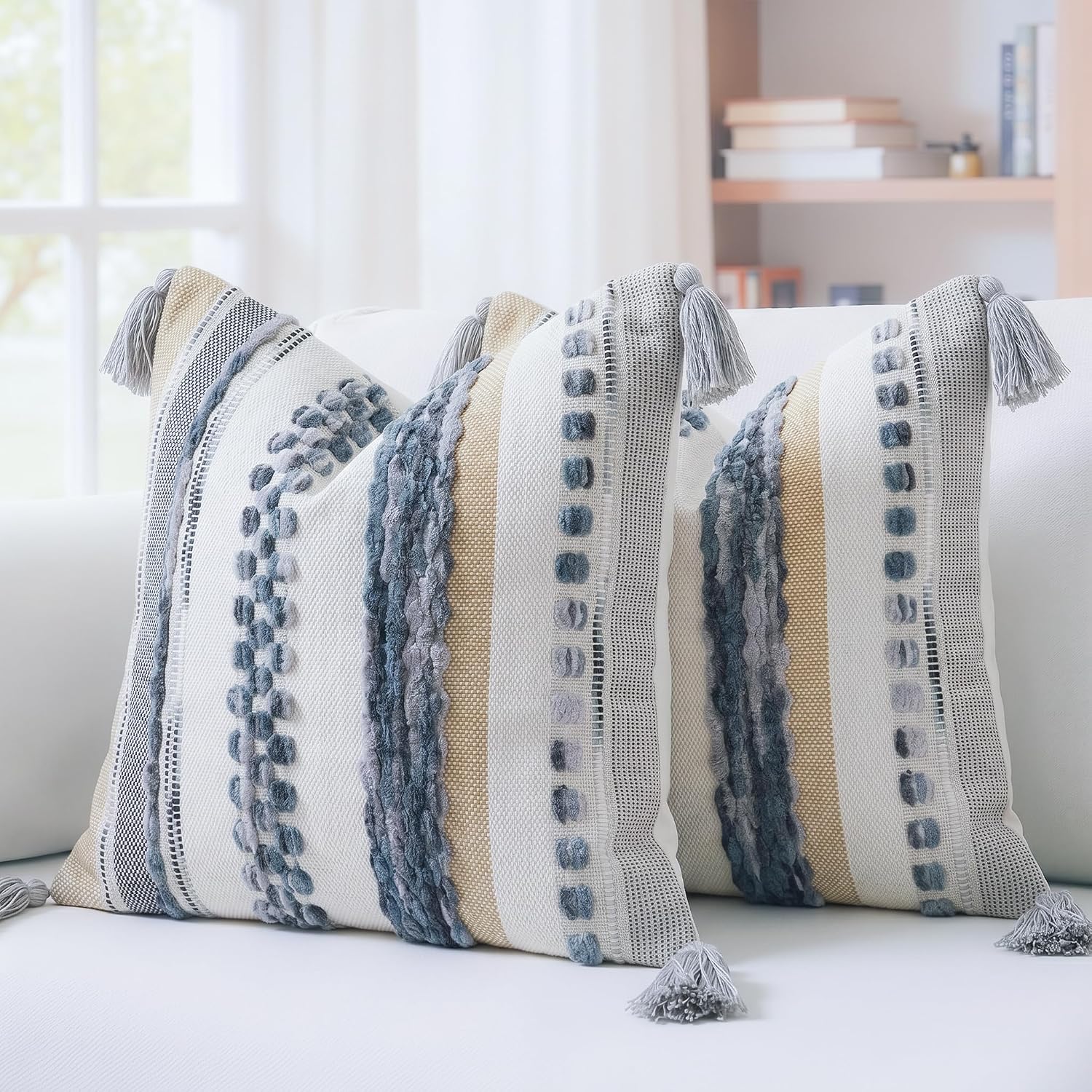 PANOD Chenille Farmhouse Throw Pillow Covers 18 x 18 Grey, Neutral Boucle Couch Pillow Cover, Striped Decorative Boho Coushion Cover Pillow Case for Couch Bed Sofa Bedroom,Modern Accent,Set of 2 image 2