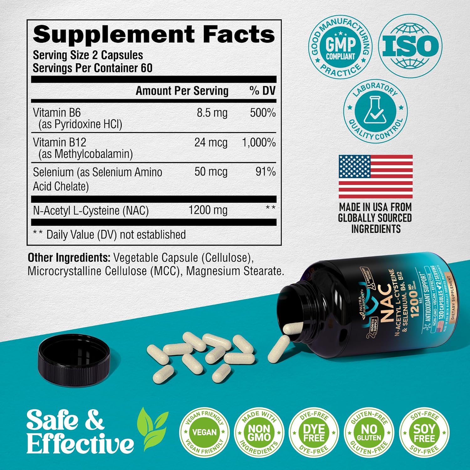NAC Supplement | Selenium | B6 | B12 - Antioxidant, Immune Support - N Acetyl Cysteine 600 mg per Capsule, 1200 mg per Serving - Made in USA - Non-GMO, Gluten-Free, Vegan - 120 caps, 2 Month Supply - Image 8