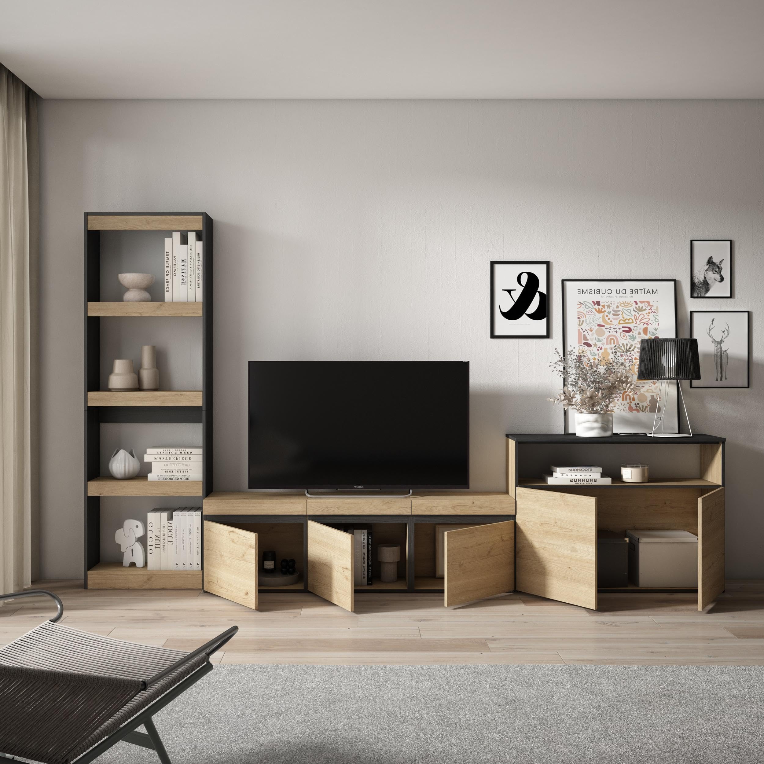 Skraut Home | Ensemble Meuble TV | Meuble Salon Complet | 310x186x35cm | pour Les TV jusqu'à 65" | Salon Complet | Style Moderne | Chêne et Noir