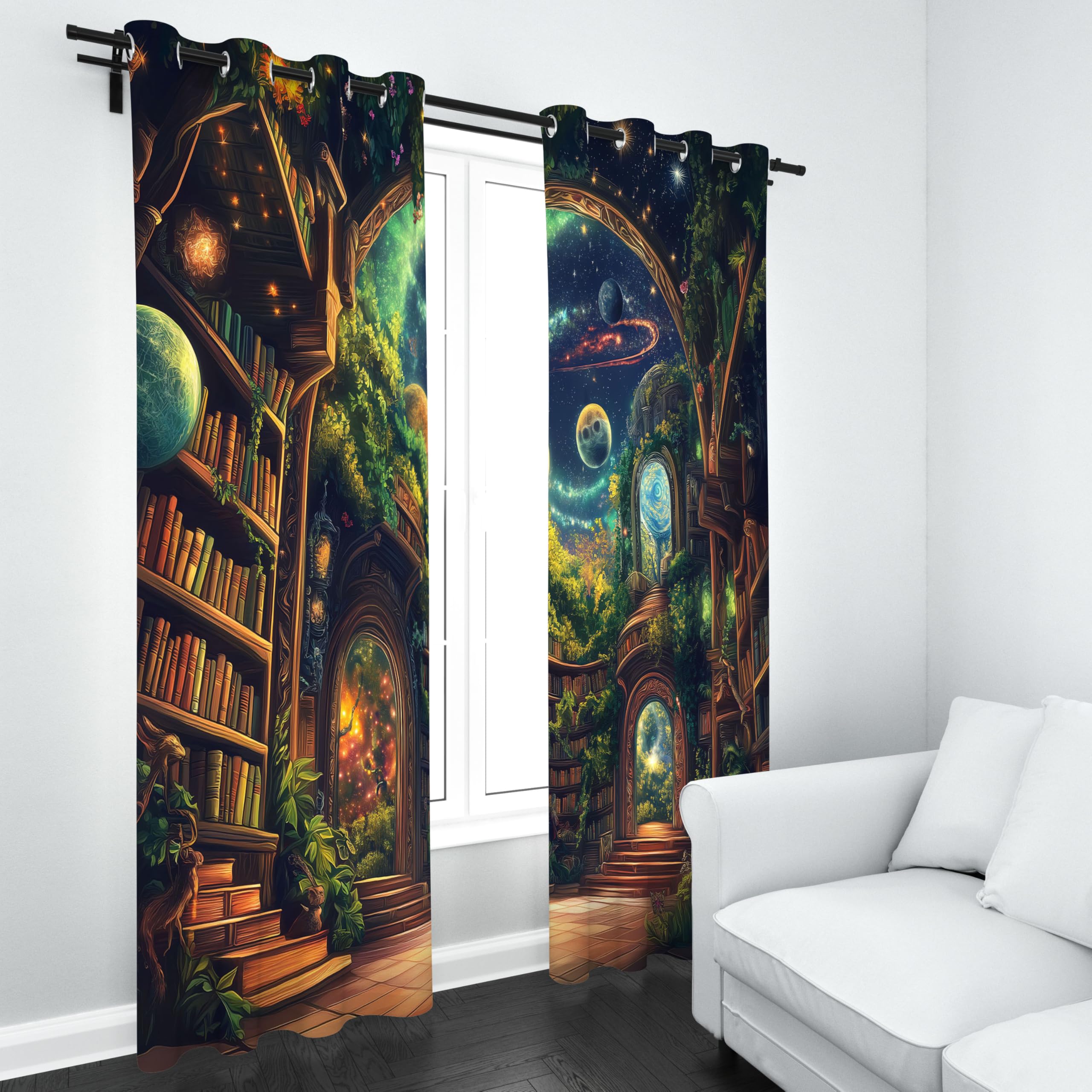 Lot de 2 Rideaux Bibliothèque Étagères de Livres, Rideau Occultant Rêves Univers Planète, Thermique Isolant Anti Froid 70x240, Draperies Interieurs, Rideau a Oeillets pour Salon Chambre