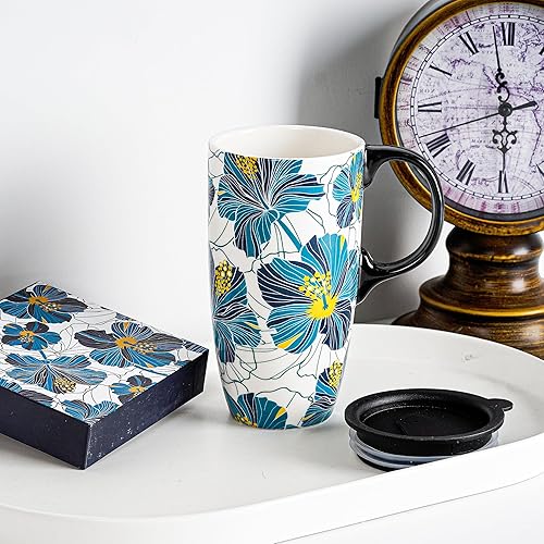 Miniatura 9 de Topadorn Taza de café de cerámica Taza de té de porcelana con mango de tapa y caja de regalo 17oz, flores azules