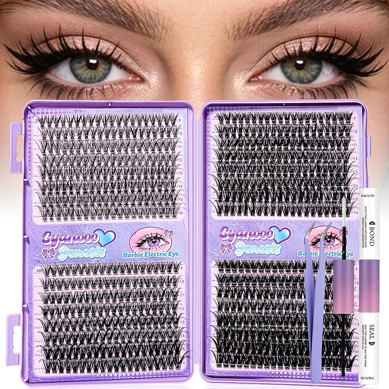 Kit de cílios em tufos CyanoooGenesis com 640 unidades, curvatura D Curl, 9–16 mm, adesivo Bond e Seal e pinça