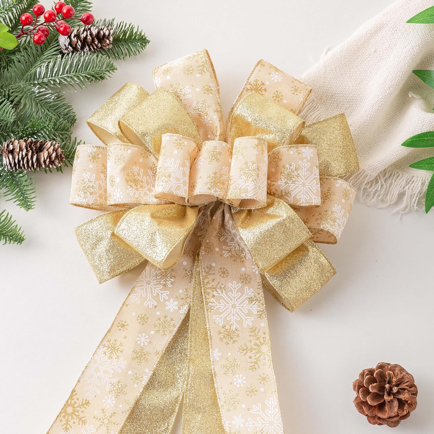 Christmas Tree Topper, 40x13 Inches Toppers Bow with Glitter Satin Mesh Streamer and Patterned Ribbon, Christmas Tree Topper Bow for Christmas Home Decoration (Gold) - Image 2