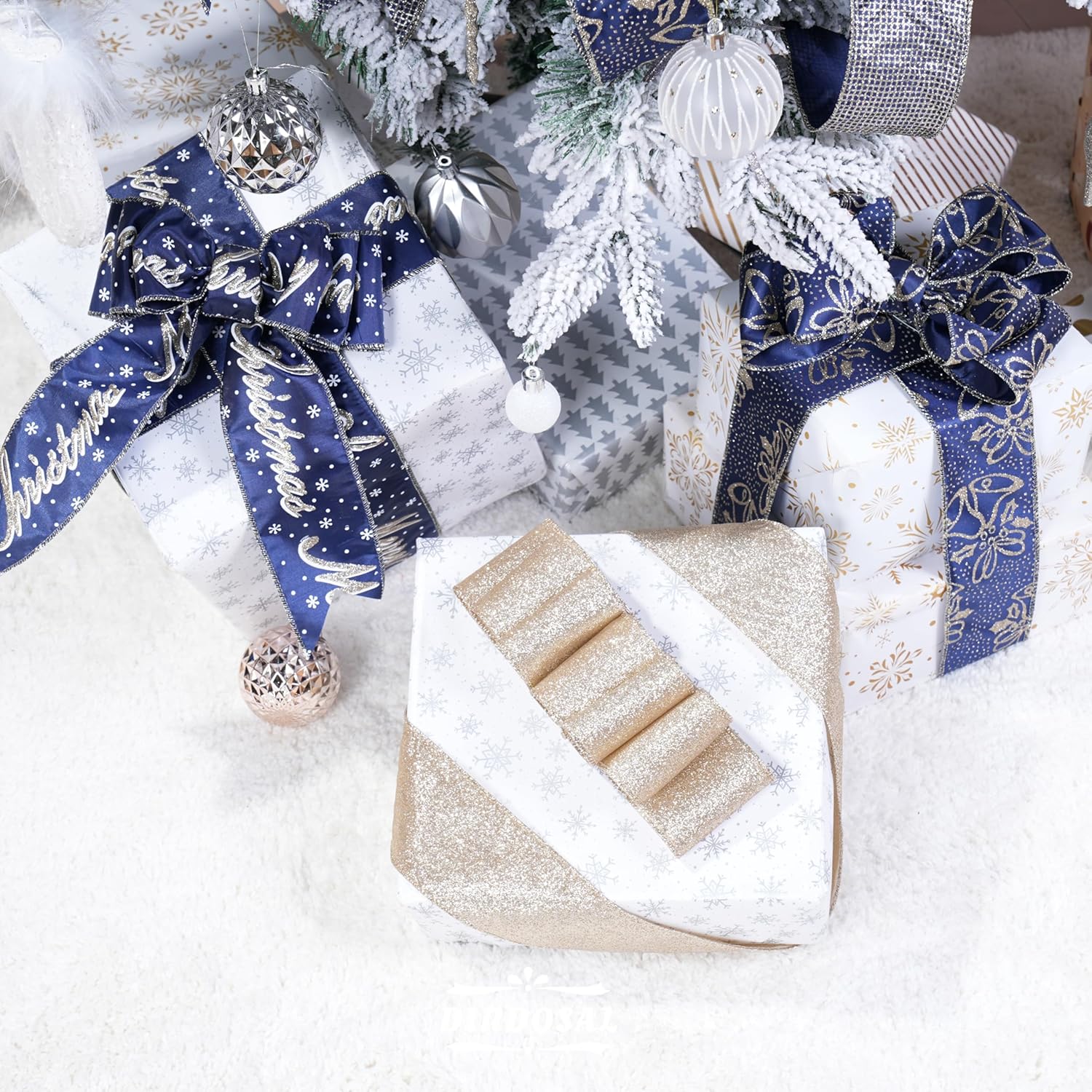 Blue Christmas Ribbon Wired 2.5 Inch, 6 Rolls 36 Yards Navy Blue and Champagne Gold Christmas Tree Ribbon for Wreaths, Topper Bows, Gifts, Ribbon for Christmas Decoration