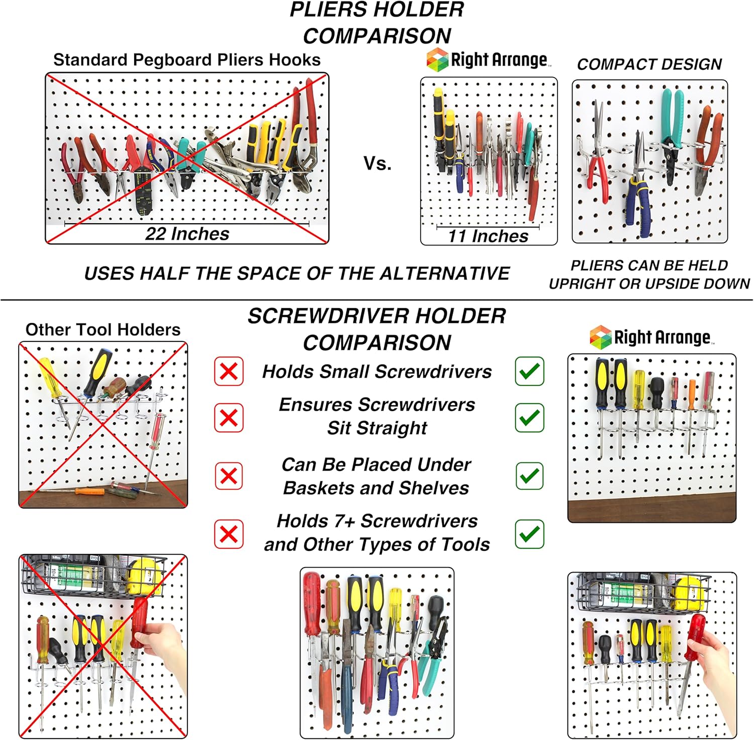 Right-Arrange Peg Board Hooks for Hanging Tools Assortment x2 – Tool Organization Accessories Kit – Organizer Set of 1 inch, 2 inch, 4 inch L Hooks, J Hook, Pegboard Pliers Rack and Screwdriver Holder