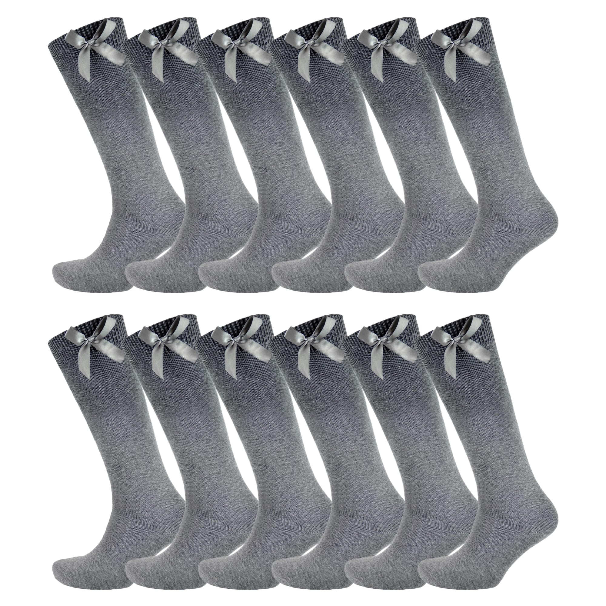 Slumber Hut Girls 12 Pairs Grey 12 Pairs Knee High Socks With Ribbon Bow Grey 4-6 (Eu 35-39)