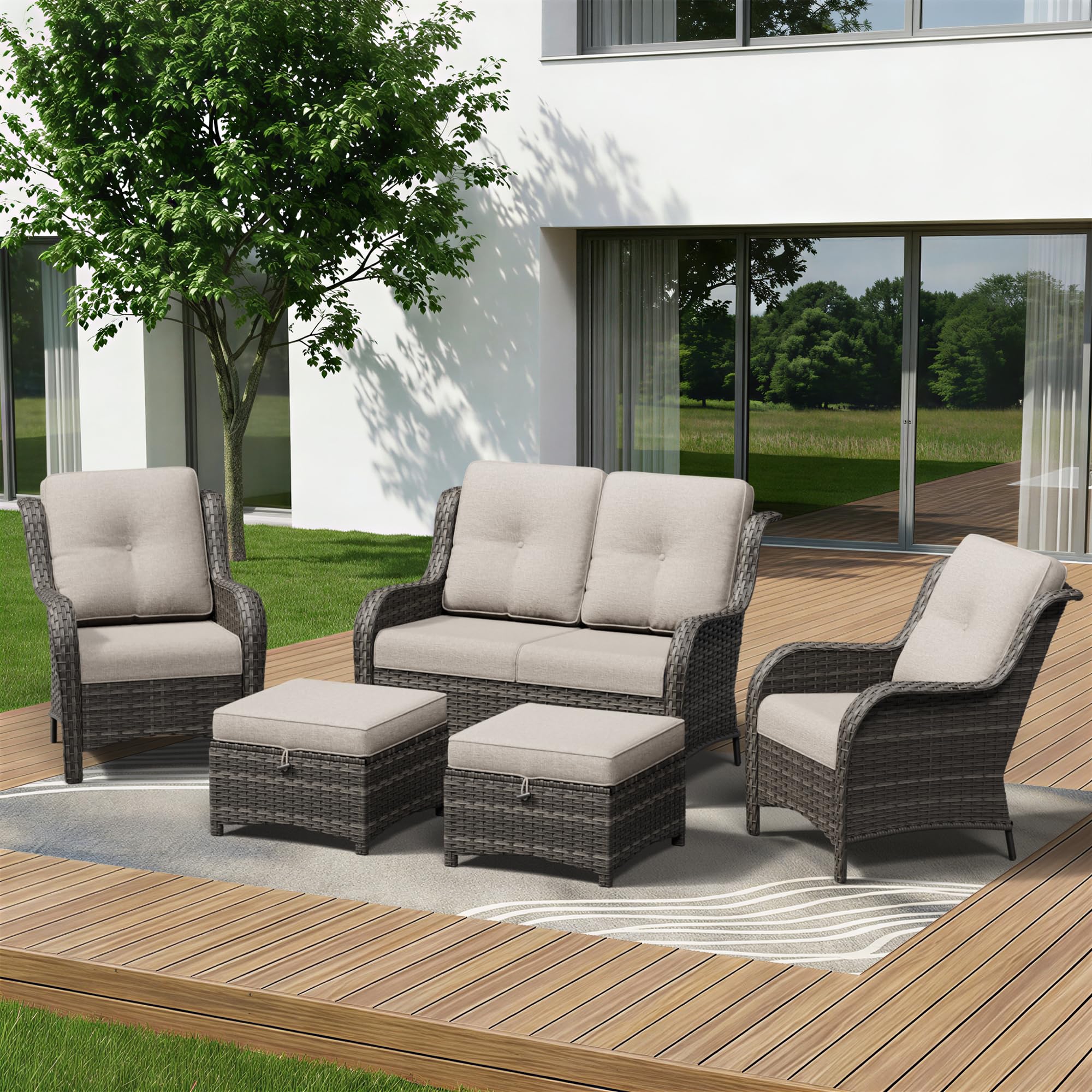 5 Piece Outdoor Wicker Patio Furniture Set, Patio Chairs Set with Thickened Olefin Cushions, High Back and Deep Seating, Hand-Woven PE Rattan, Ottoman for Porch, Deck