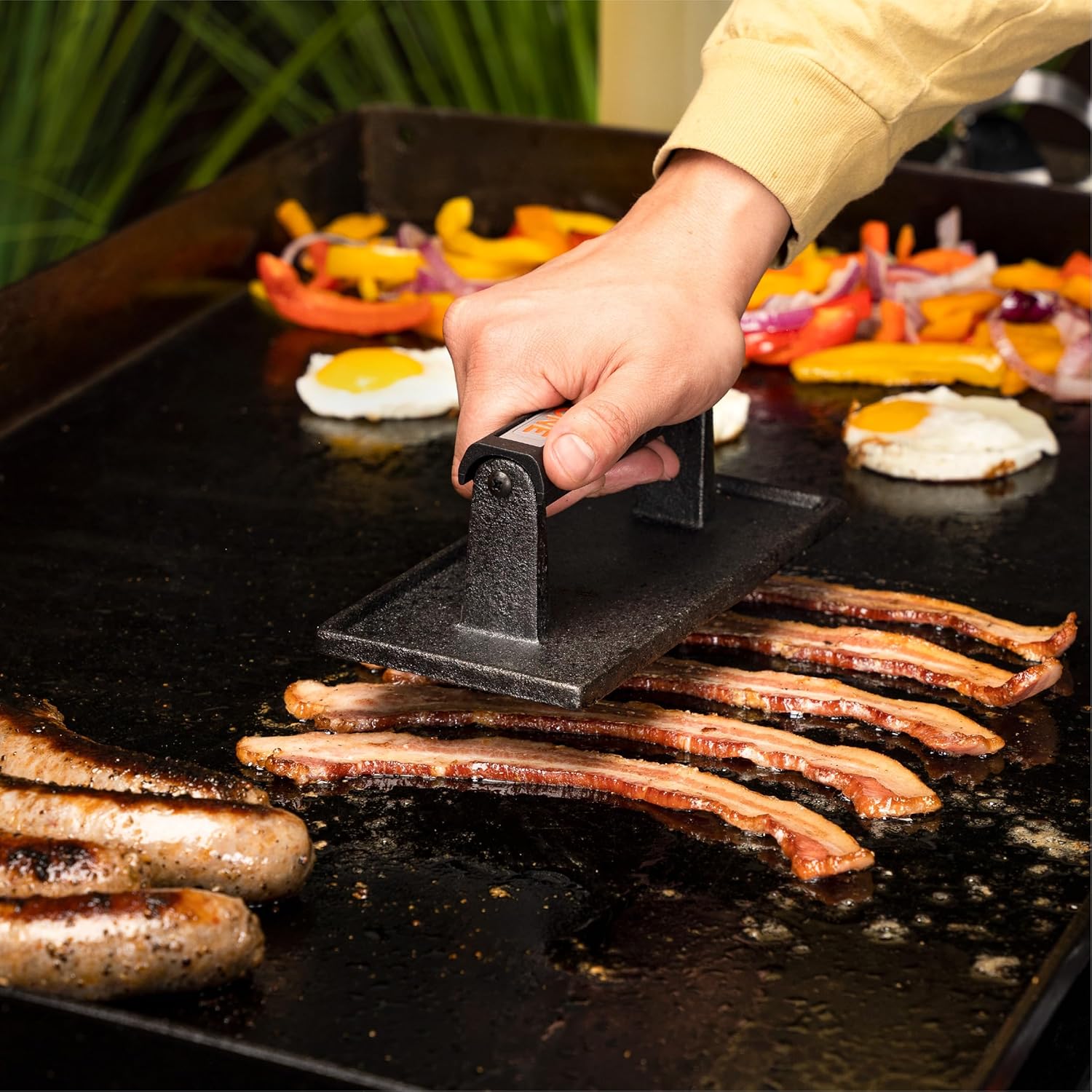 Plastic Batter Dispenser, Cast Iron Bacon Griddle Weight Press, 10 Inches Stainless Steel Omelet Egg Ring, Wood Wooden Crepe Spreader Spatula