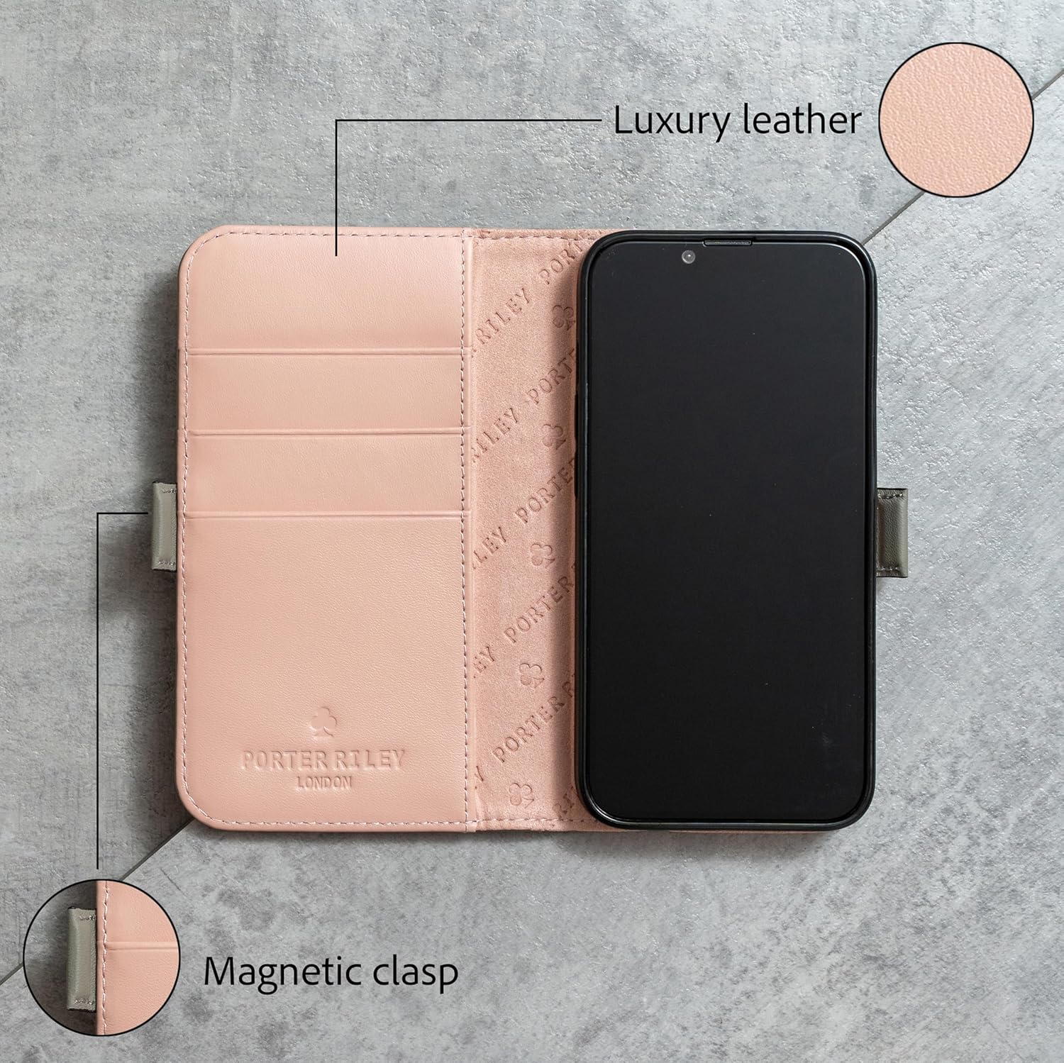 Porter Riley - Leather Case for iPhone SE 2022/20 and iPhone 8 / iPhone 7. Premium Genuine Leather Stand/Cover/Wallet/Flip Case with Card Slots & Horizontal Stand (Grey/Pink)