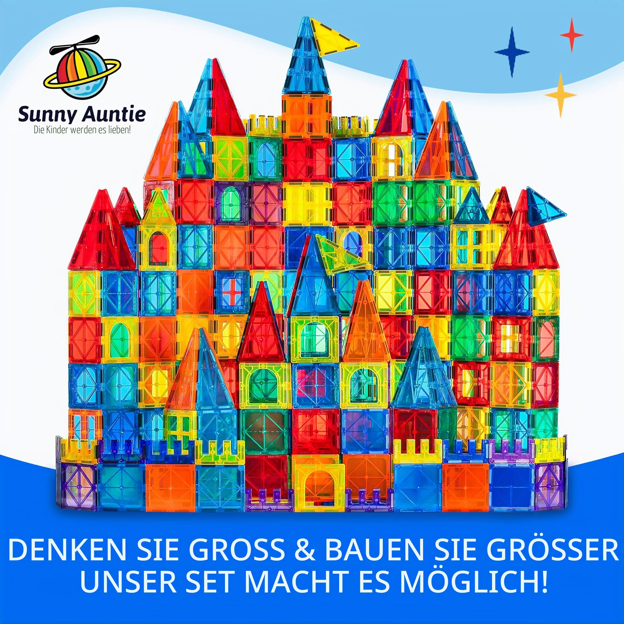 SUNNY AUNTIE Magnetische Fliesen, 150-teiliges XL-Set mit Aufbewahrungstasche, magnetische Bausteine für Kinder im Alter von 3–8 Jahren, STEM-Magnet-Bauspielzeug für Jungen und Mädchen