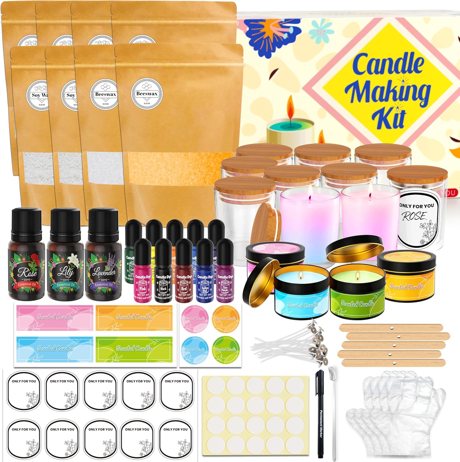 CxiRong Candle Making Kit for Adults, DIY Candle Making Supplies Craft Kits Including 4.4 lb Soy Wax, Beeswax, Jars, Tins, Candle Dyes, Essential Oils & More, Perfect for Home Decorations