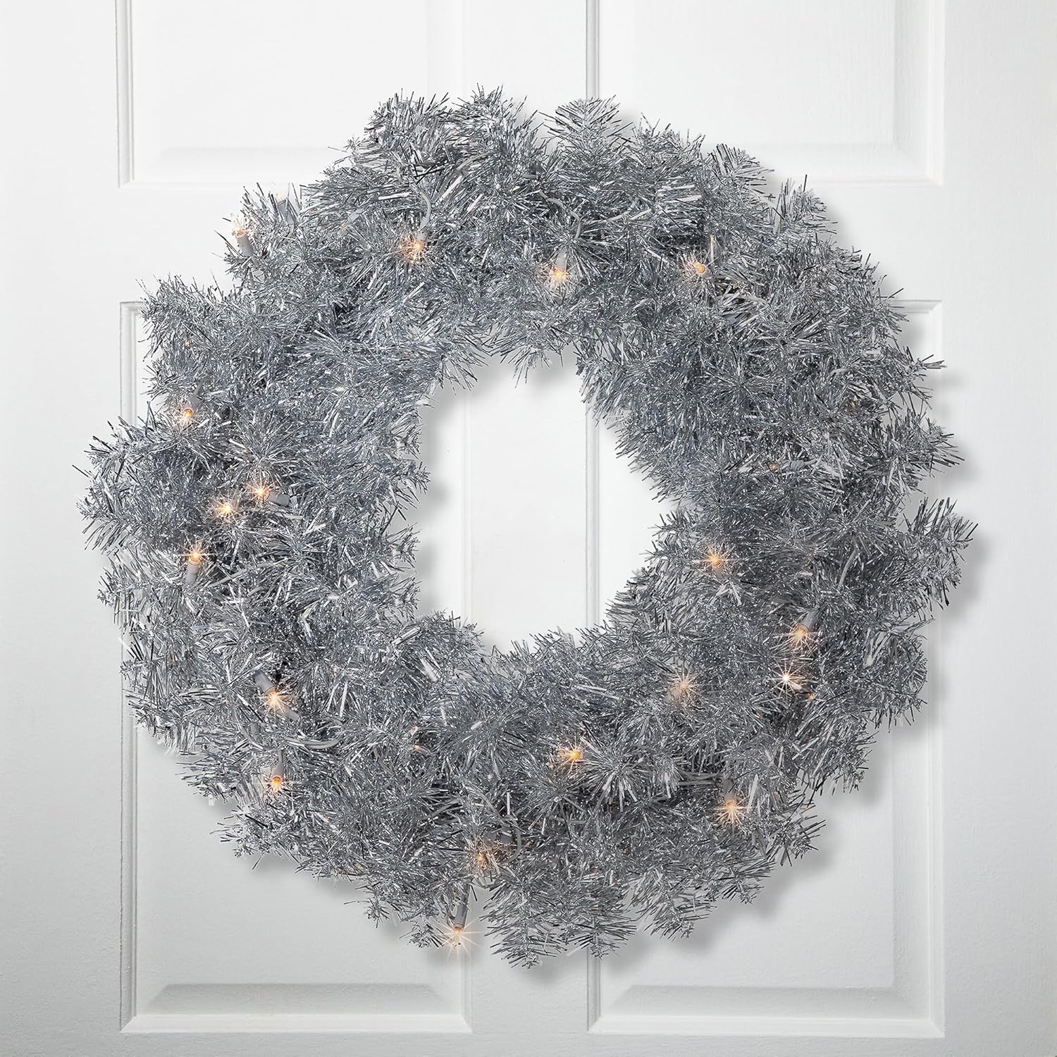 Northlight Pre-Lit Artificial Tinsel Christmas Wreath - 24" - Silver - Clear Lights