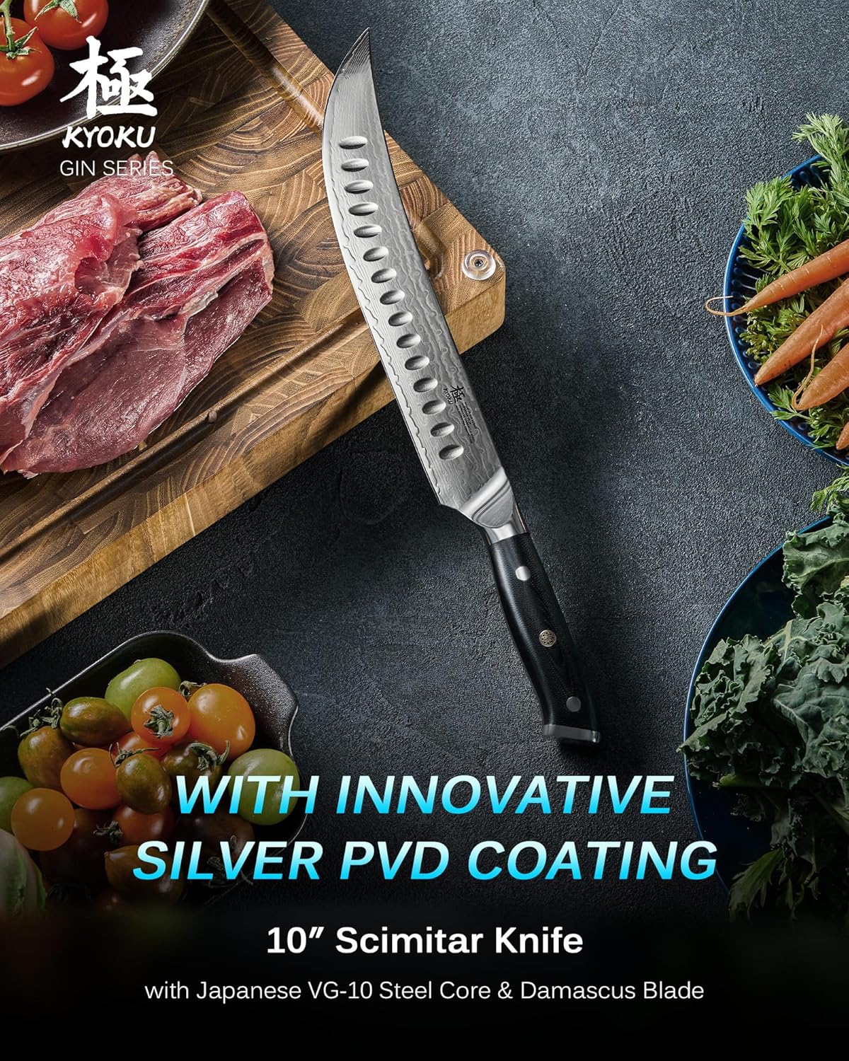 KYOKU 10" Scimitar Knife, Gin Series Cimitar Breaking Knife with Silver PVD Coating Damascus Blade, Japanese Style VG10 Stainless Steel Butcher Knife, Full Tang, with Sheath & Case - Image 2