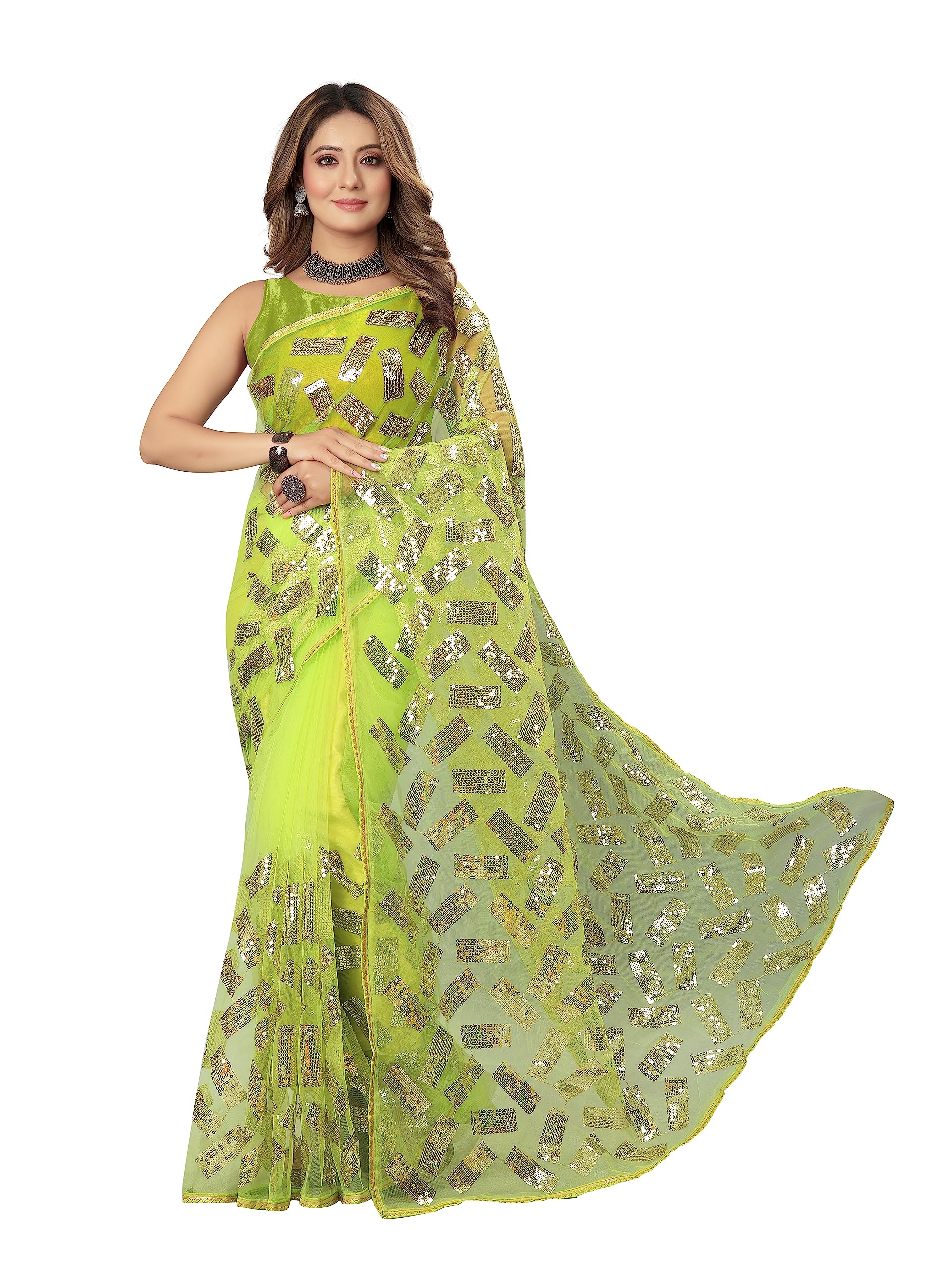 BARKIYA CREATION Women's Fashion Net Fabric Saree With Unstitch Blouse Piece