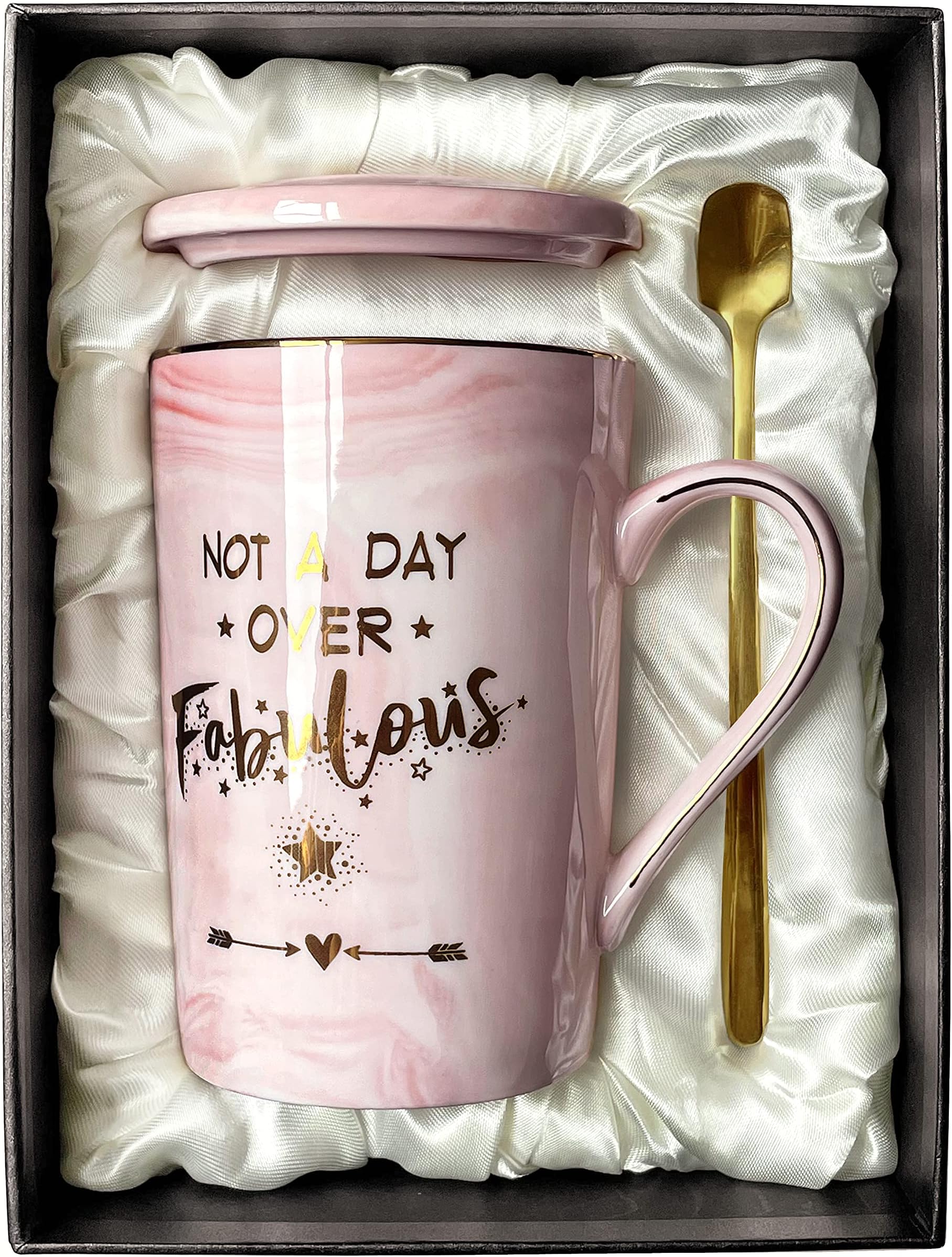 Gifts for Women Birthday Not A Day Over Fabulous Mug Birthday Gifts for Her, Woman, Best Friends, Wife, Mum, Daughter, Sister, 14oz Marble Ceramic Coffee Cug with Spoon Lid Card Gift Box