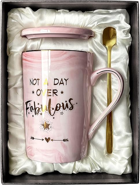 Doublewhale Birthday Gifts for Women Not A Day Over Fabulous Mug Funny Gifts Ideas for Her, BFF, Best Friends, Coworkers, Wife, Mom, Daughter, Sister, Aunt, 14 OZ Ceramic Marble Mug (Pink-Not a Day)