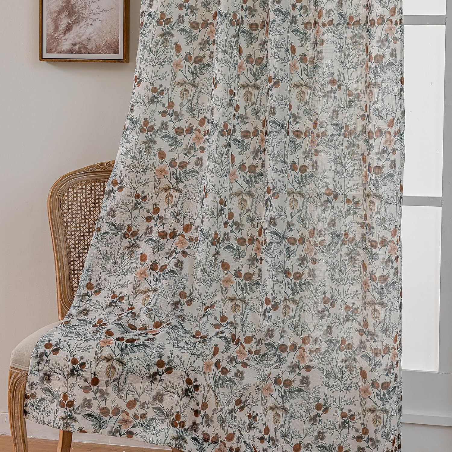 SUOUO Vintage Floral Semi Sheer Curtains Linen Textured for Living Room Patterned Black Leaves 96 inches Long Window Drapes for Dining Bedroom 2 Panels