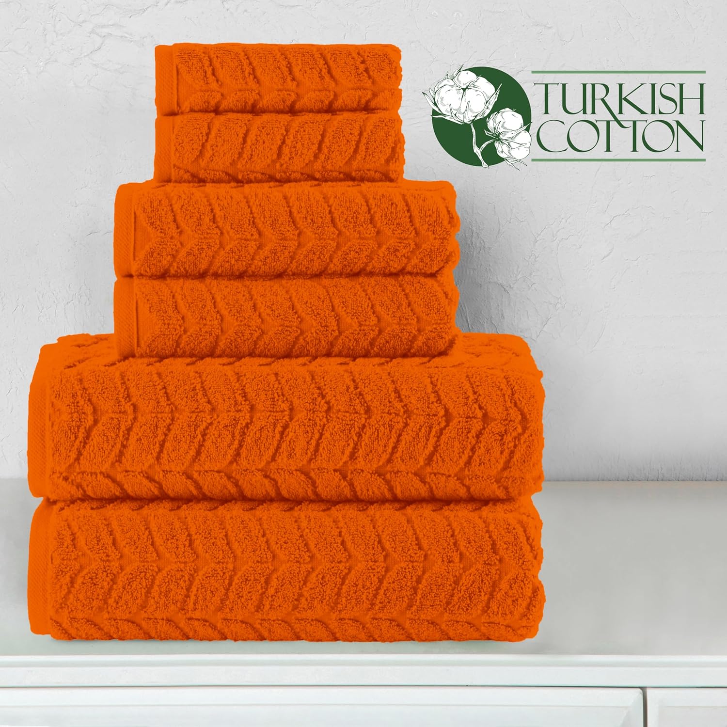 Elegant Comfort Luxury 6-Piece 100% Turkish Cotton Jacquard Braided Textured Premium Hotel Quality Towel Set– Soft and Absorbent, Includes 2 Bath Towels, 2 Hand Towels and 2 Washcloths, Vibrant Orange
