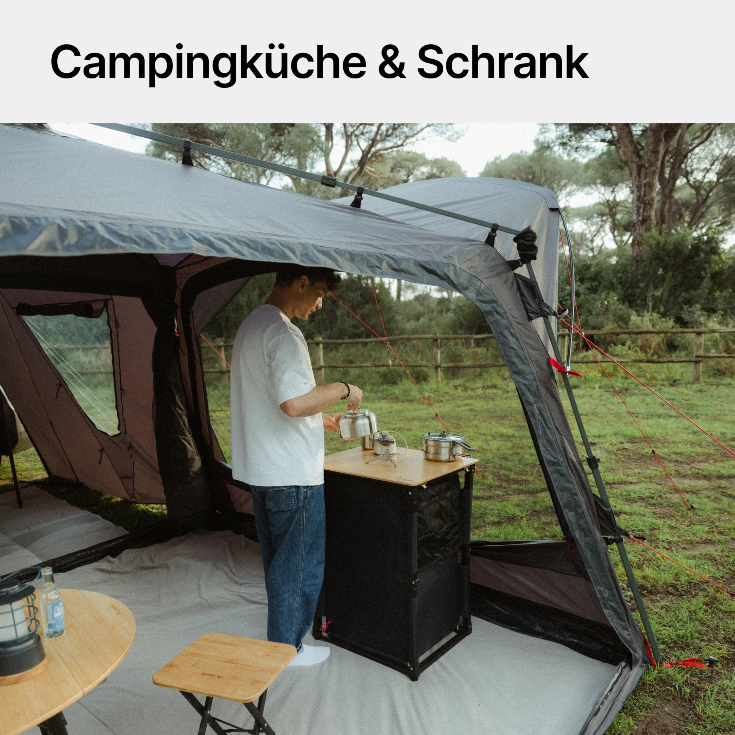 qeedo Quick Sammy Campingküchensystem, Campingschrank mit Bambusplatte, Schnellaufbau, Stauraum und Erweiterung